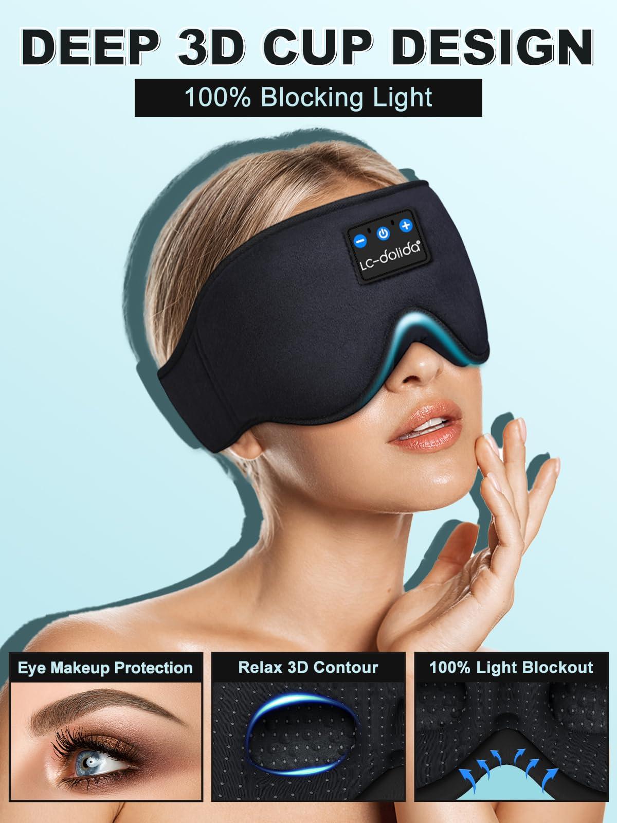 LC-dolida Sleep Headphones, 3D Sleep Mask Bluetooth Wireless Music Eye Mask, Sleeping Headphones for Side Sleepers Sleep Mask with Bluetooth Headphones Ultra-Thin Stereo Speakers Perfect for Sleeping - Image 2