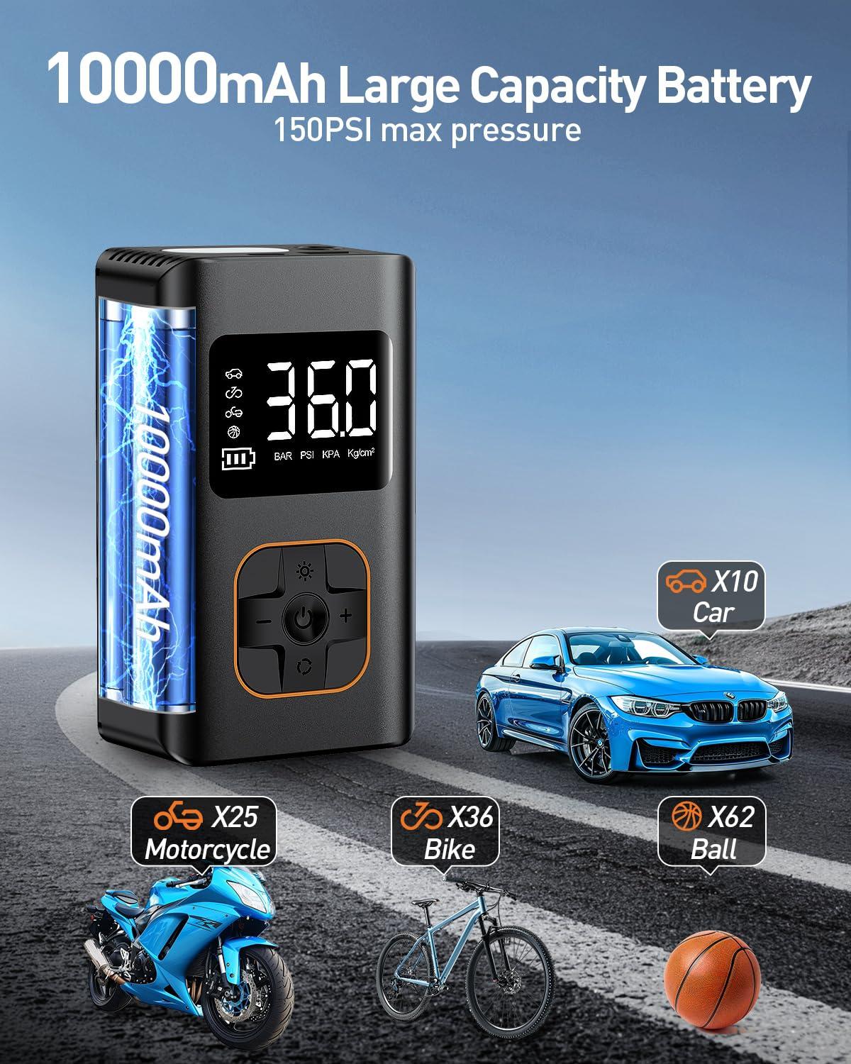 MEUCI Tire Inflator Portable Air Compressor, 8000mAh Cordless Air Pump for Car Tires, 150 PSI Electric Bike Tire Pump with LED Light and Digital Pressure Gauge for Motorcycle, Auto, Ball, Bicycle - Image 8