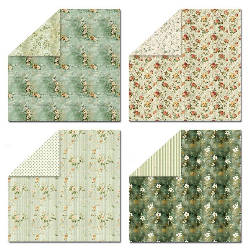 Kauzon 24 Sheets Scrapbook Paper Vintage Green Floral Pattern Double Sided Printing Craft Paper for DIY Card Making Scrapbook Wedding Photo Album Home Décor-12 x 12 Inches - Image 6
