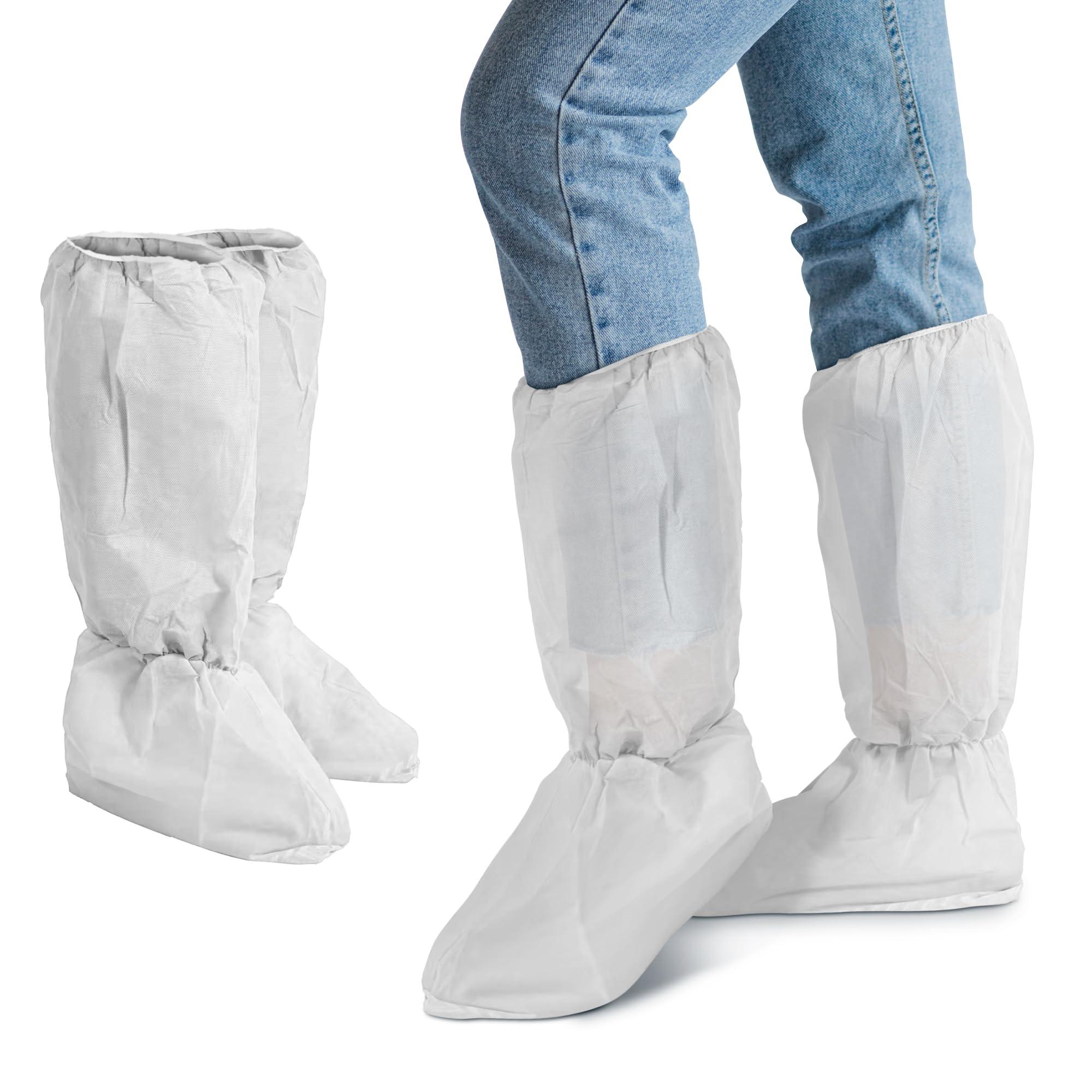 AMZ Medical Supply White Disposable Shoe Covers, 18 Inch Long. Pack of 100 (50 Pairs) Shoe Booties Disposable Non Slip. Polypropylene 50 GSM Booties for Shoes Covers with Elastic Top and Ankles