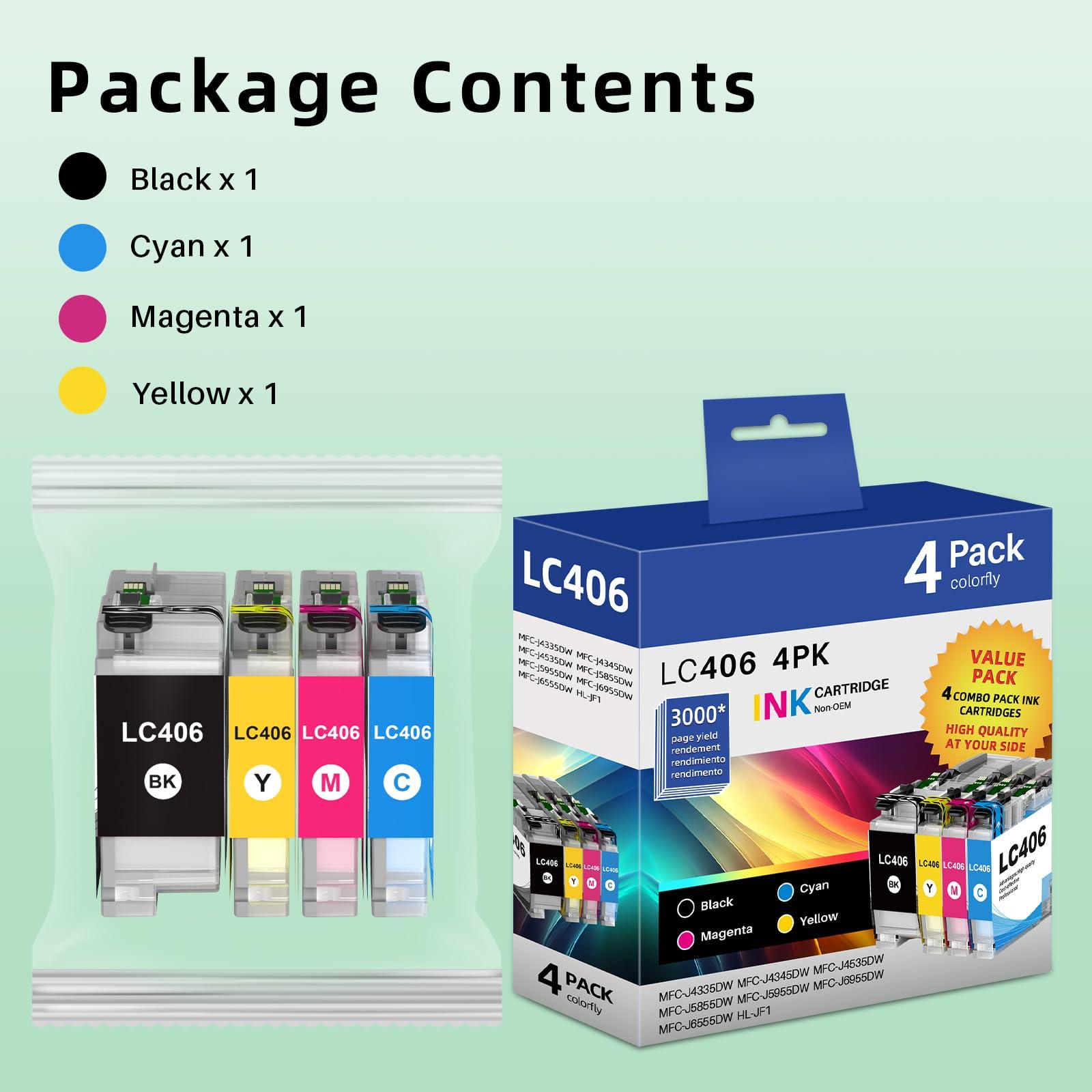 colorfly LC406 Ink Cartridges Compatible for Brother lc406 Ink cartridges Compatible for Brother MFC-J5855DW MFC-J6555DW MFC-J4335DW MFC-J4345DW MFC-J4535DW MFC-J6955DW HL-JF1 Printer 4 Combo Pack - Image 4
