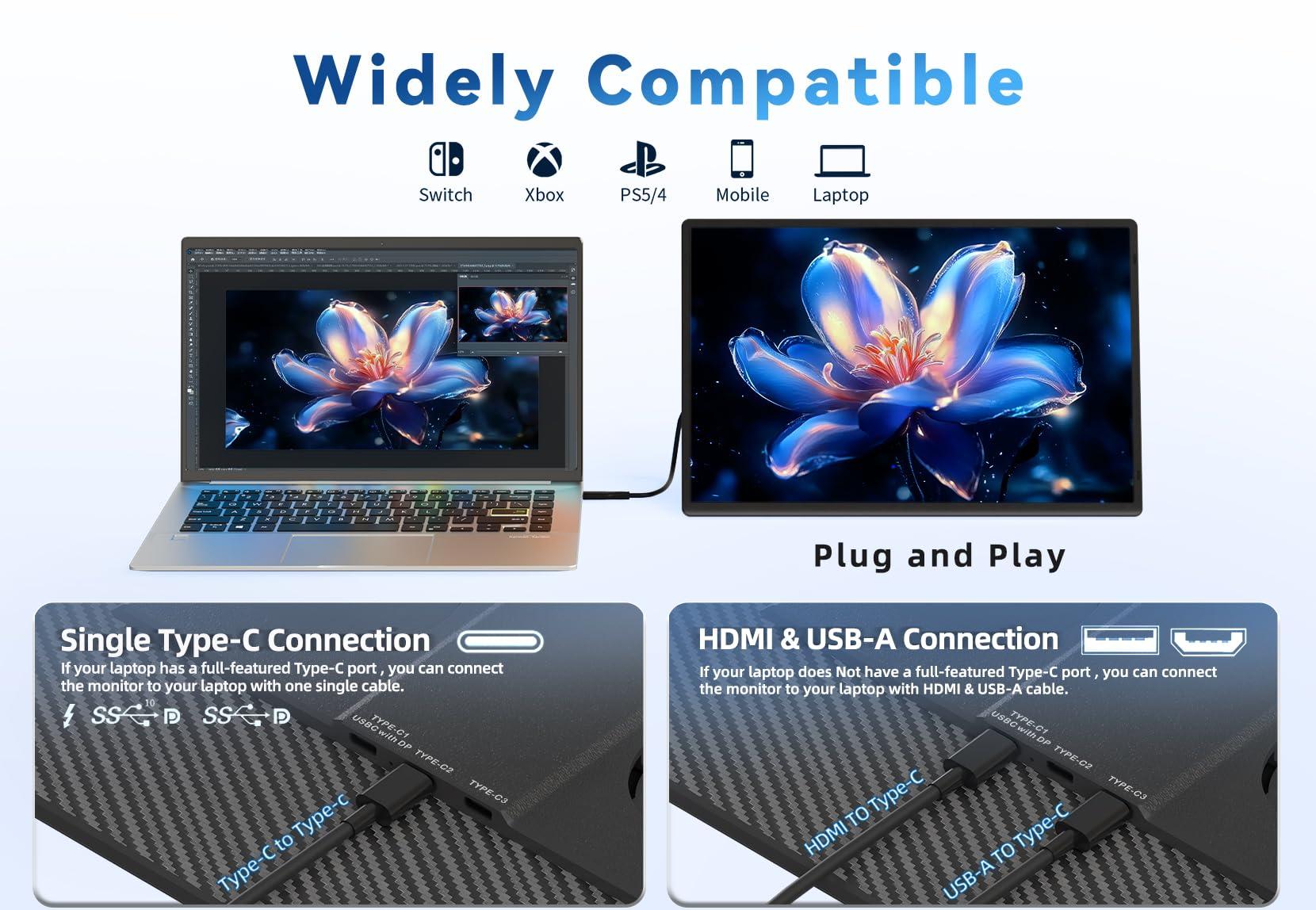 AOKER 16" Portable Monitor for Laptop - 1200P FHD Laptop Screen Extender HDMI USB C Travel External Display with Stand Gaming Monitor for PC MAC Switch Phone Computer Xbox PS4/5 - Image 6