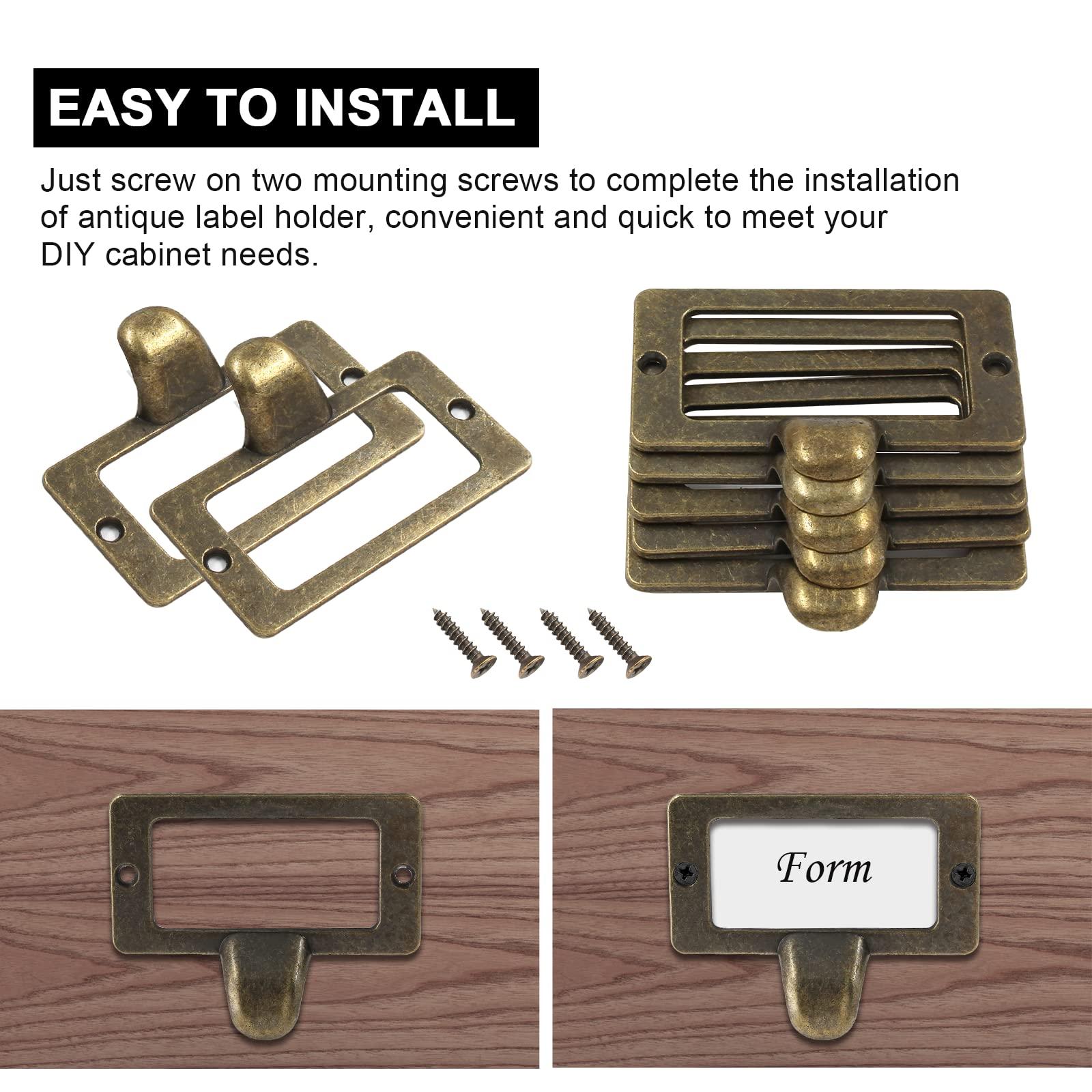 Auvotuis 10Pcs Frame Tag Label Holder Office Library File Drawer Tag, Metal Vintage Cabinet Label Card Pull Handles with Screws for Furniture (Bronze, 2.3 x 1.8 Inch) - Image 6