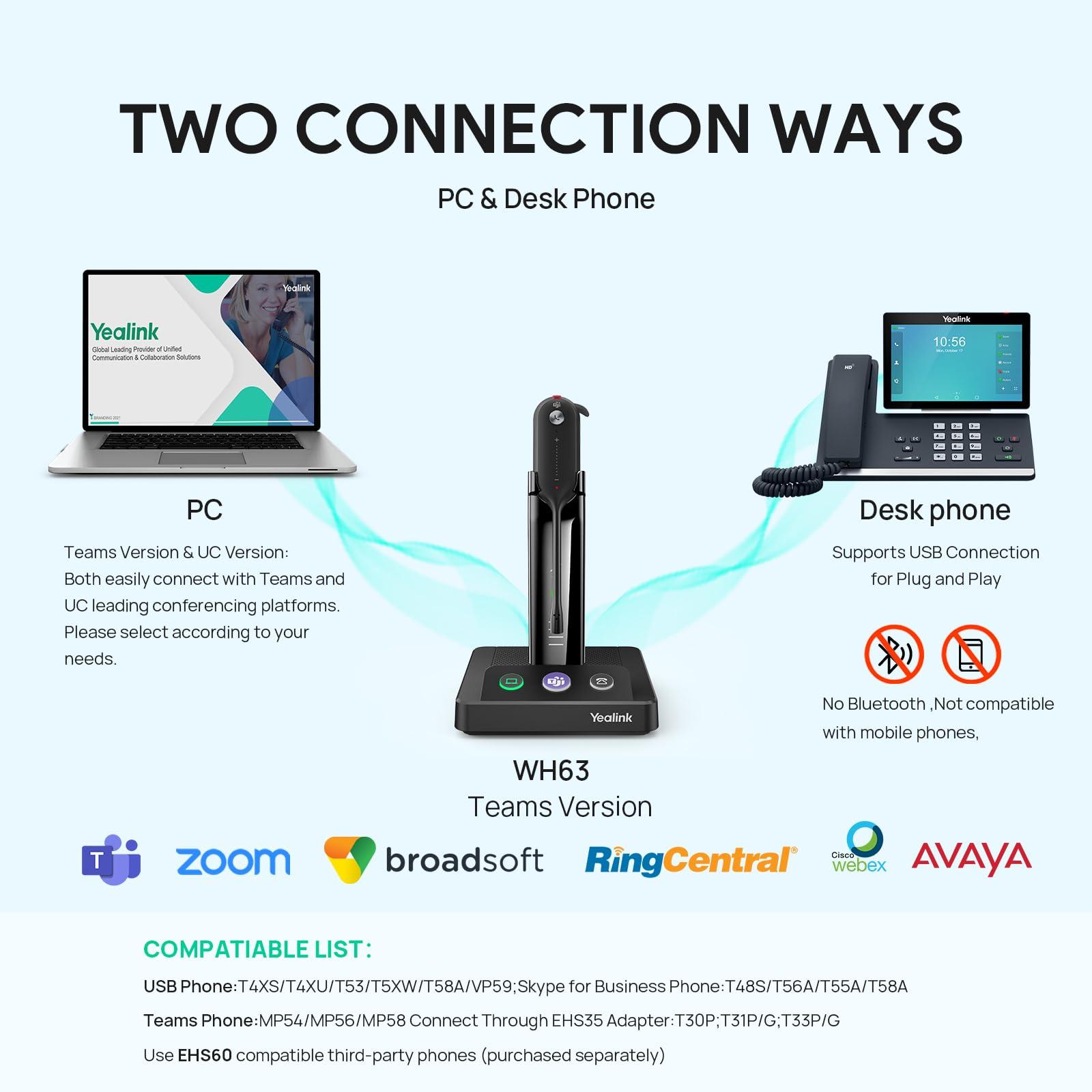 Yealink Wireless DECT Headset WH63,Teams Certified,Single Ear Office Headset for Desk Phone and Computer Softphone,Noise Cancelling Mic,Compatible Polycom Grandstream IP Phone - Image 3