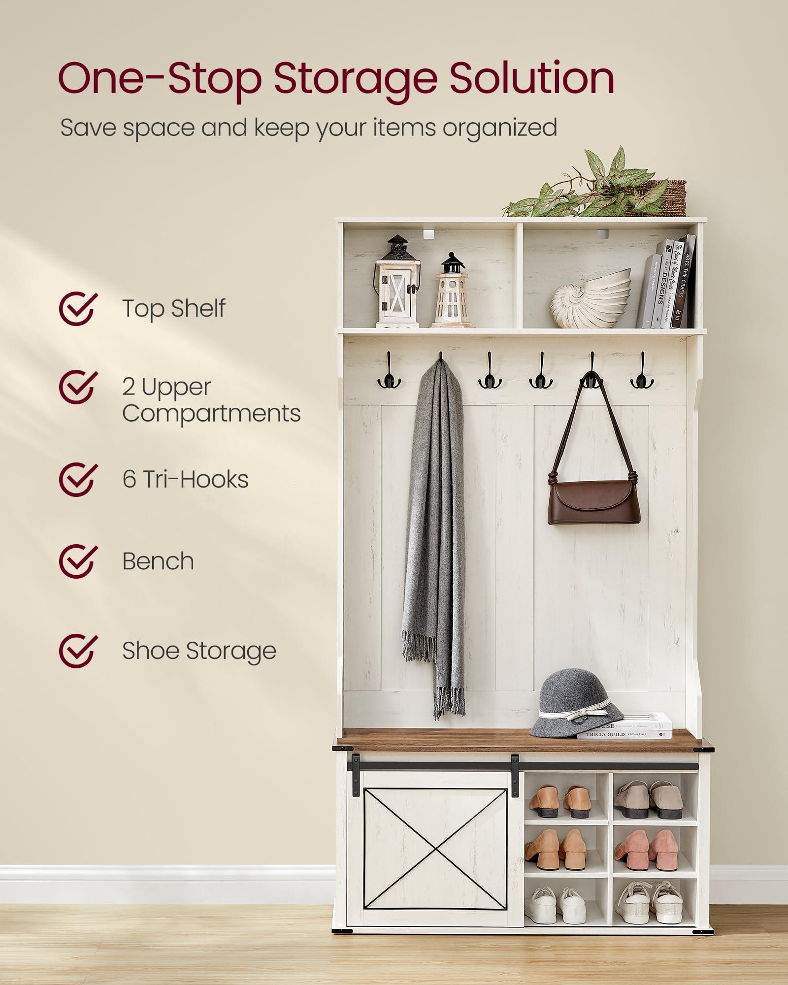 VASAGLE Hall Tree with Bench and Shoe Storage, Coat Rack with Shoe Bench, Entryway Furniture, 6 Tri-Hooks, Sliding Door, Farmfouse Style, Space Saving, Rustic White and Honey Brown UHSR442W01 - Image 4