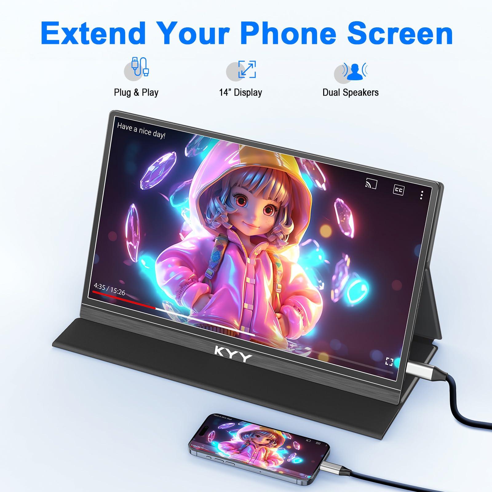 KYY Portable Monitor for Laptop, 14" FHD 1080P Travel Monitor, USB-C & HDMI Computer Gaming Screen with VESA Mount & Smart Cover, Dual Speakers, for Mac PC Phone Xbox PS5 Switch - Image 7