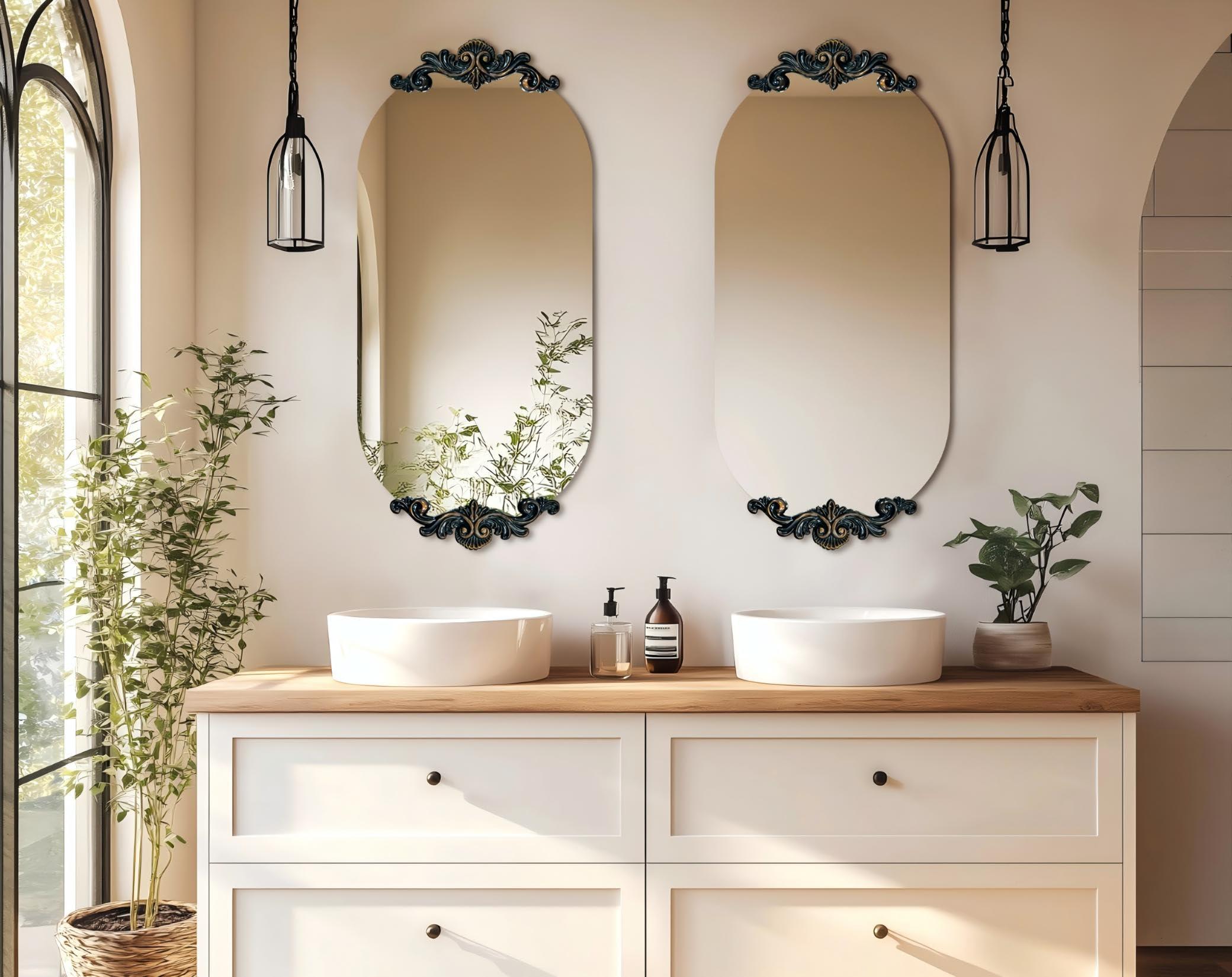 Artloge Frameless Mirror Oblong Oval: 40x20inches Wall Mounted Sleek Silver Mirror with Baroque Style Flower Frame Edge Decorative Vanity for Bathroom Bedroom Livingroom Entryway Hallway - Image 5