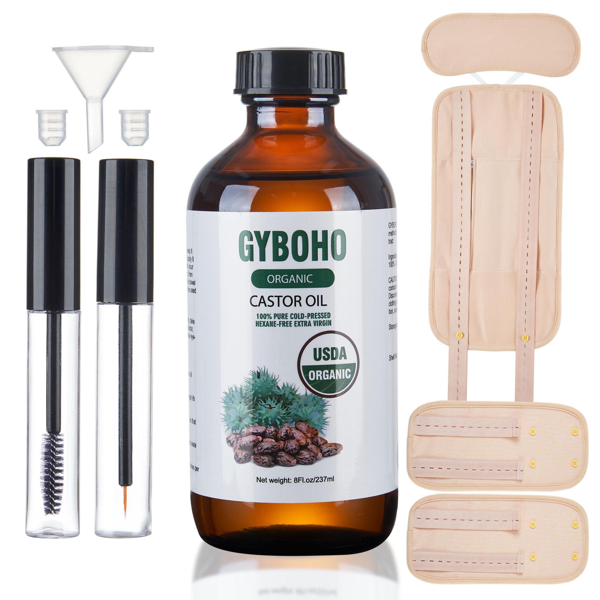 Castor Oil Organic Cold Pressed Unrefined Glass Bottle,Castor Oil Pack Wrap Organic Cotton for Stomach-Neck-Abdomen -Knee-Arm-Liver Detox.organic castor oil for Hair Growth -Face-Lashes & Eyebrows