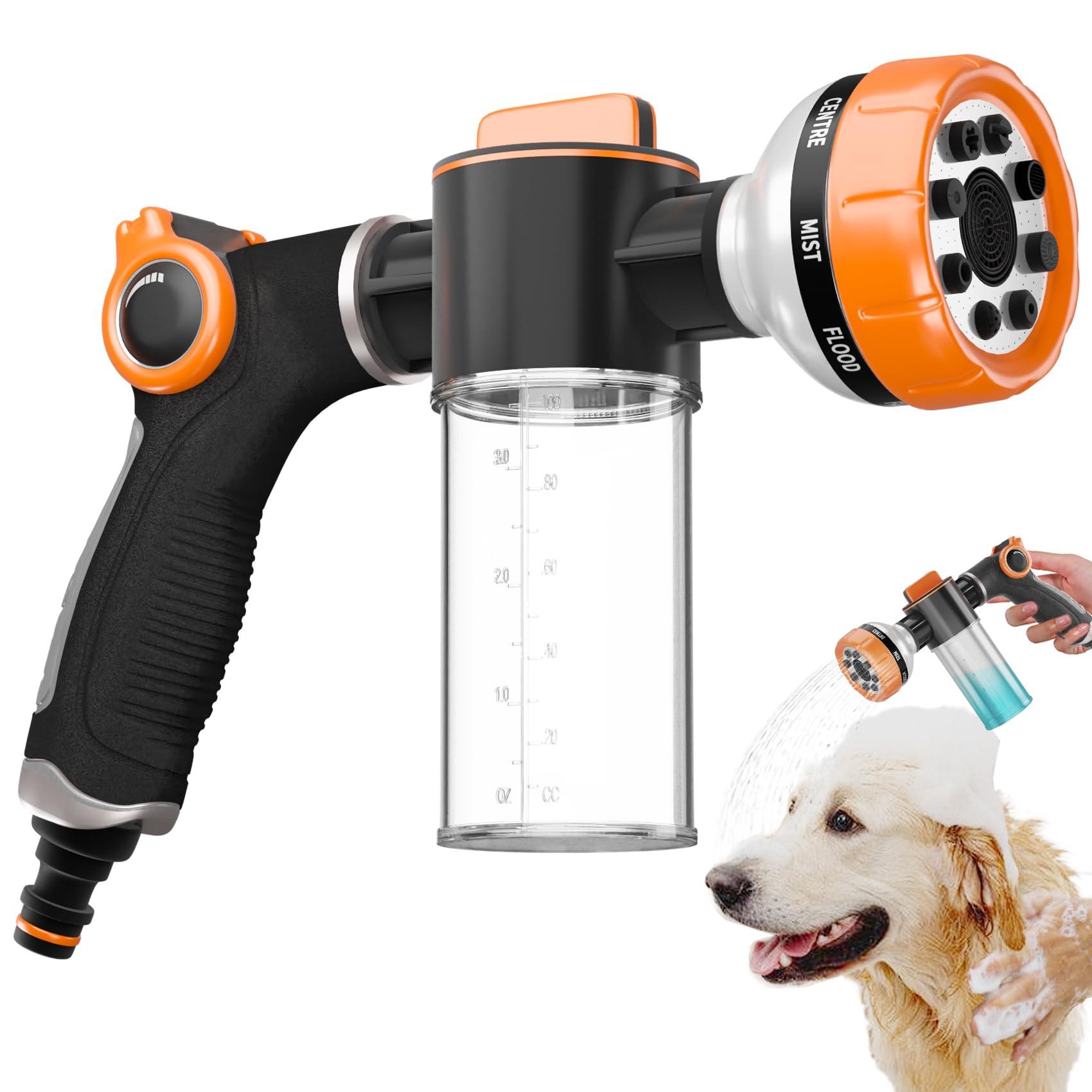 Upgraded Dog Wash Hose Attachment, Dog Shower Attachment,8-in-1 Mode Dog Shampoo Sprayer with 3.5oz 100cc Soap Dispenser, for Pet Washing Irrigated Lawn Patio Car Cleaning