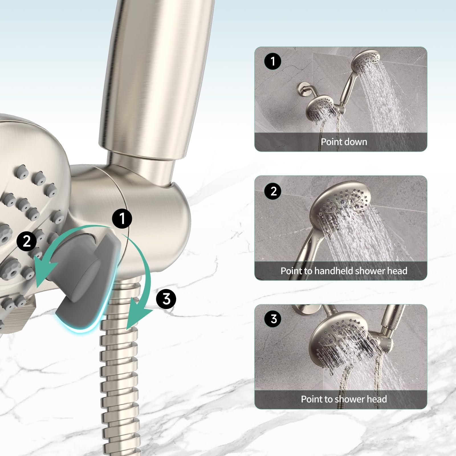 SR SUN RISE Shower System with Handheld Shower and Rain Shower Combo Set High Pressure 5-spray Dual 2 in 1 Shower Faucet Patented 3-way Diverter Brushed Nickel (Valve Include） - Image 6