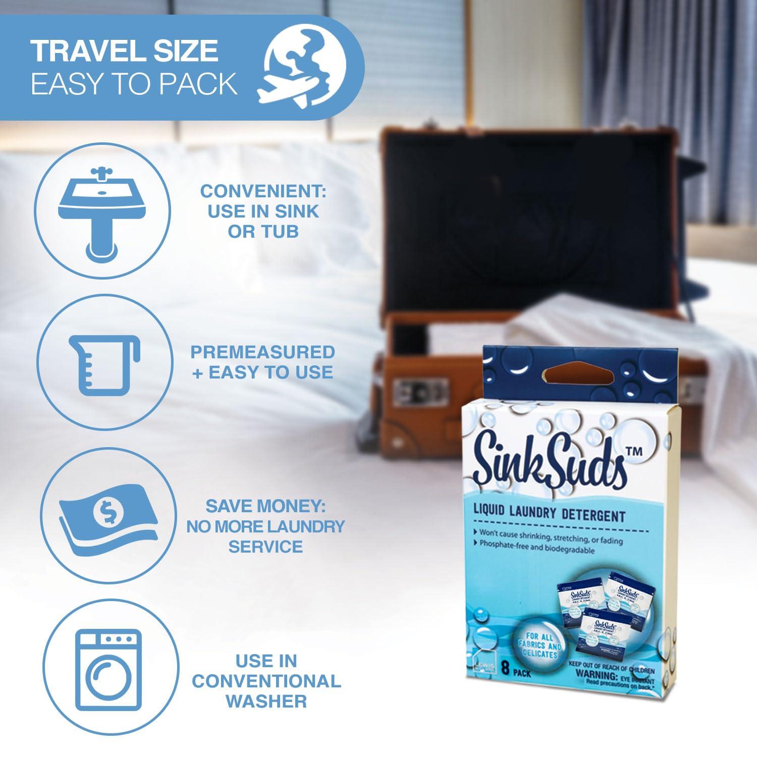 SinkSuds Laundry Detergent Travel Size Liquid Soap TSA Compliant Safe for All Fabrics 12 Packets & 2 Sink Stoppers - Image 3