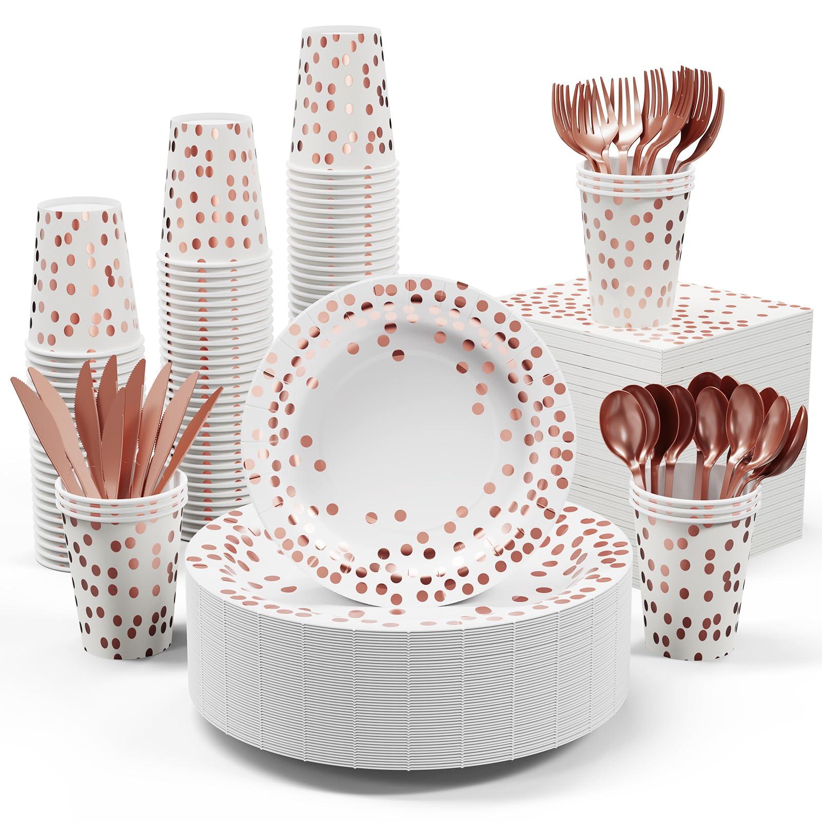 White and Rose Gold Party Supplies - 350 PCS Disposable Dinnerware Set - White Paper Plates Napkins Cups, Gold Plastic Forks Knives Spoon for Graduation, Birthday, Cocktail Party
