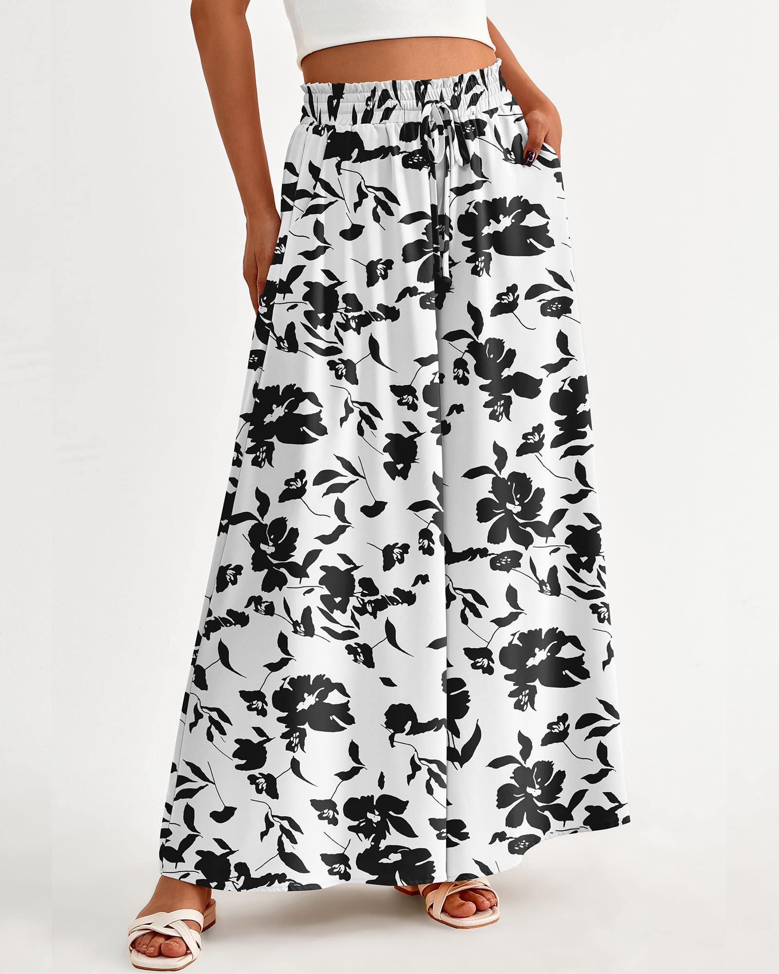 BTFBM Women Casual High Waist Wide Leg Pants Summer Floral Solid Long Palazzo Pants Lounge Beach Trousers with Pocket - Image 3