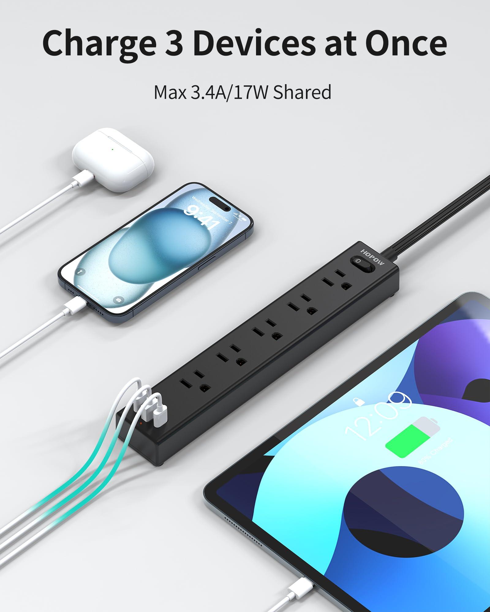 HOPOW Power Strip Surge Protector, 2 Pack, 10 Ft Ultra Thin Flat Extension Cord, Surge Protector with 5 Outlets & 3 USB Ports (2 USB C), 1700 Joules, 3-Prong, Wall Mount for Home Office Dorm, Black - Image 5