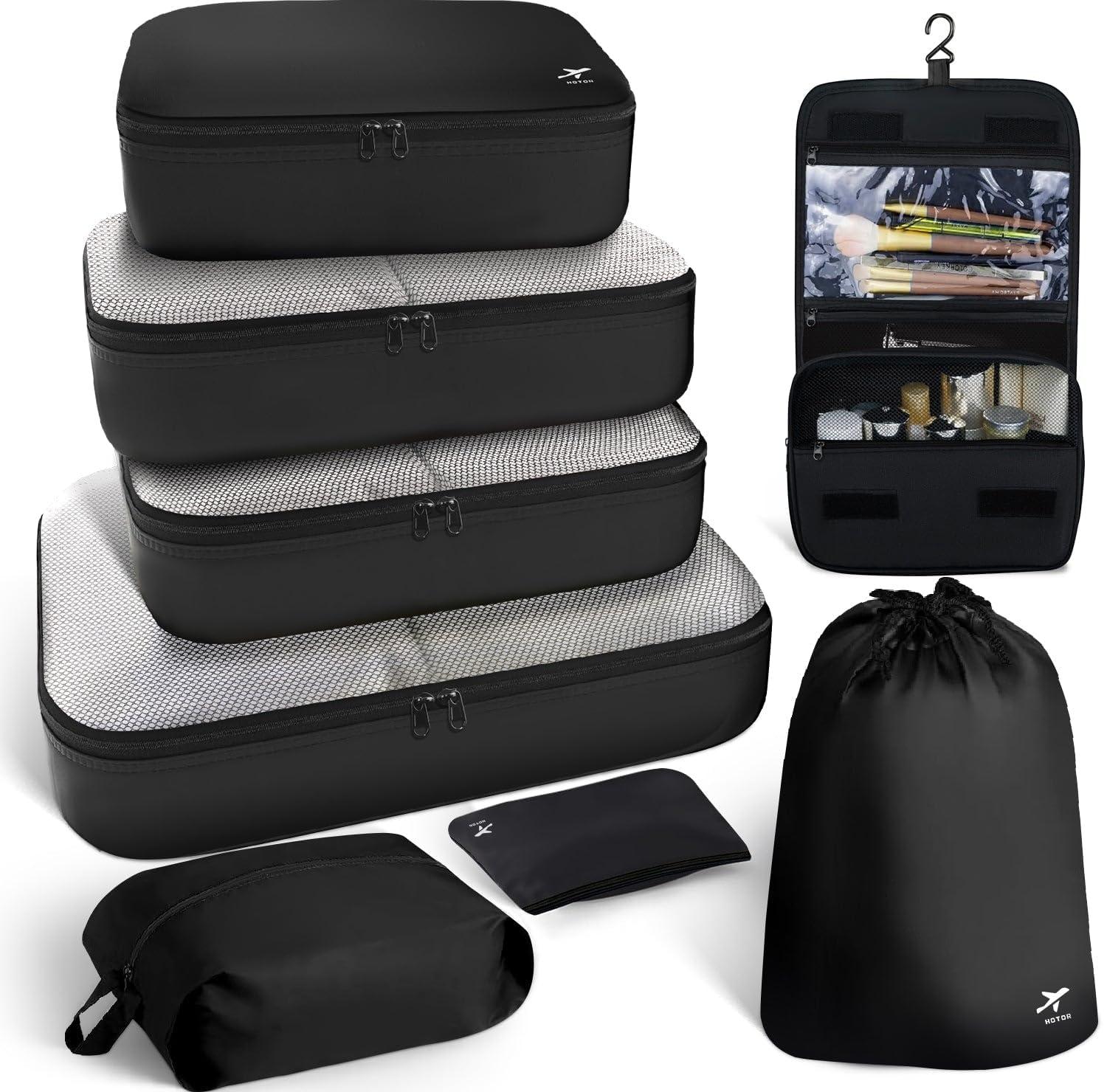HOTOR Packing Cubes for Suitcases - 8 Pieces, Light Packing Cubes for Travel, Premium Suitcase Organizer Bags Set, Space-Saving Luggage Organizers, Travel Accessories and Essentials, Black