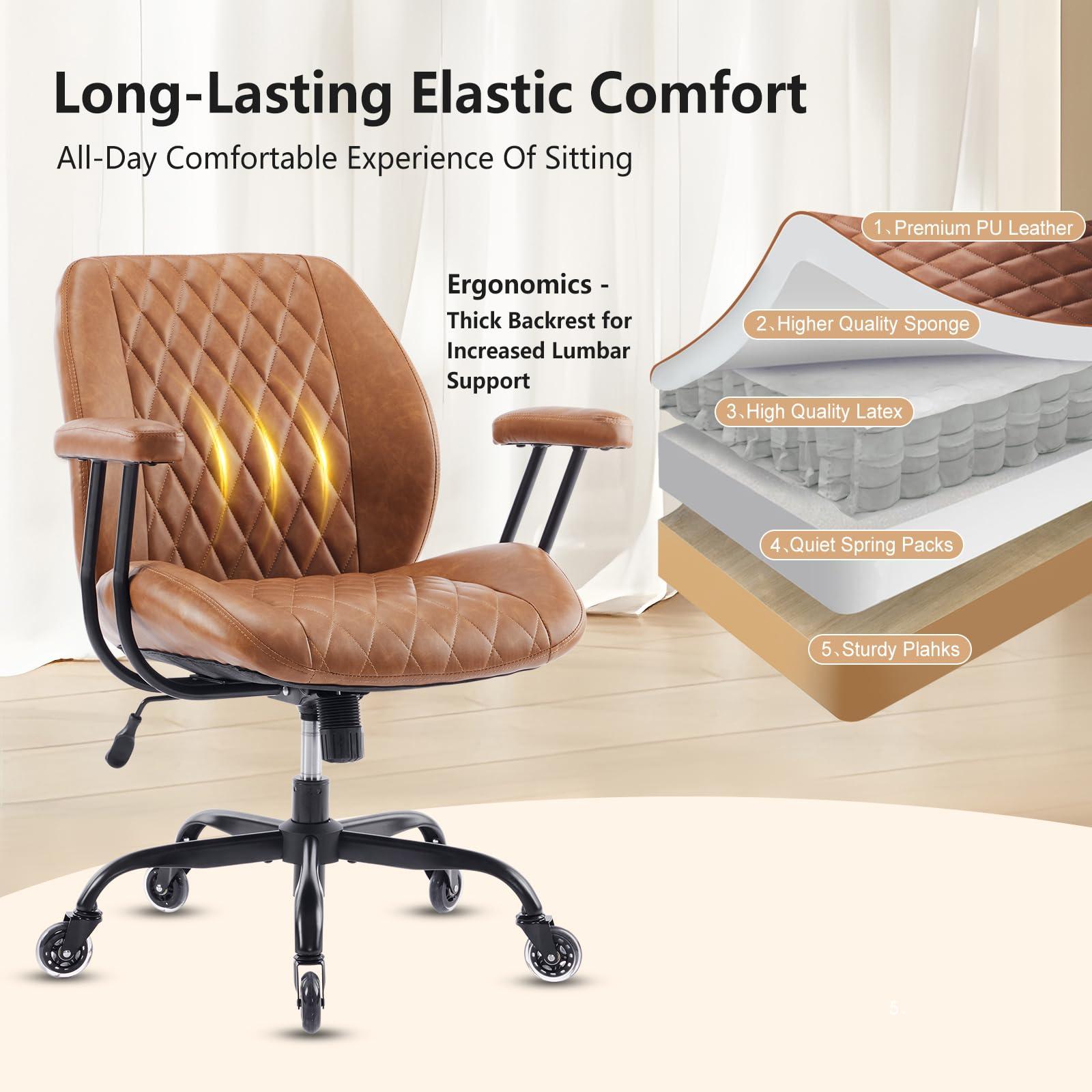 YFO Home Office Desk Chair Office Rubber Casters Ergonomic Computer Chair with Lumbar Support Adjustable Height Rolling Swivel Executive Task Armrests Chair， Brown Leather - Image 5