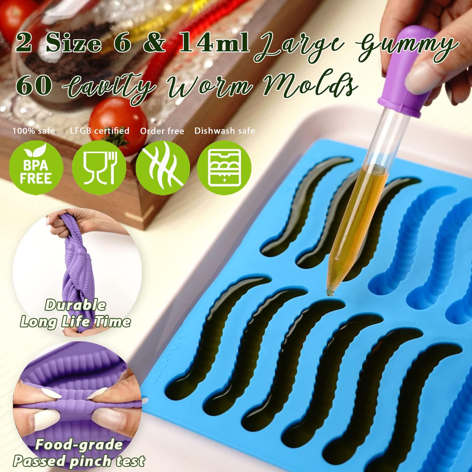 LUSHYUM Gummy Worm Molds Silicone 6ML 14ML, 4PCS Non-Stick Silicone Large Worm Molds for Chocolate Gummy Candy 60 Cavity with 2 Droppers & Brush, Ideal Gift for Kids Adult Halloween Party - Image 3