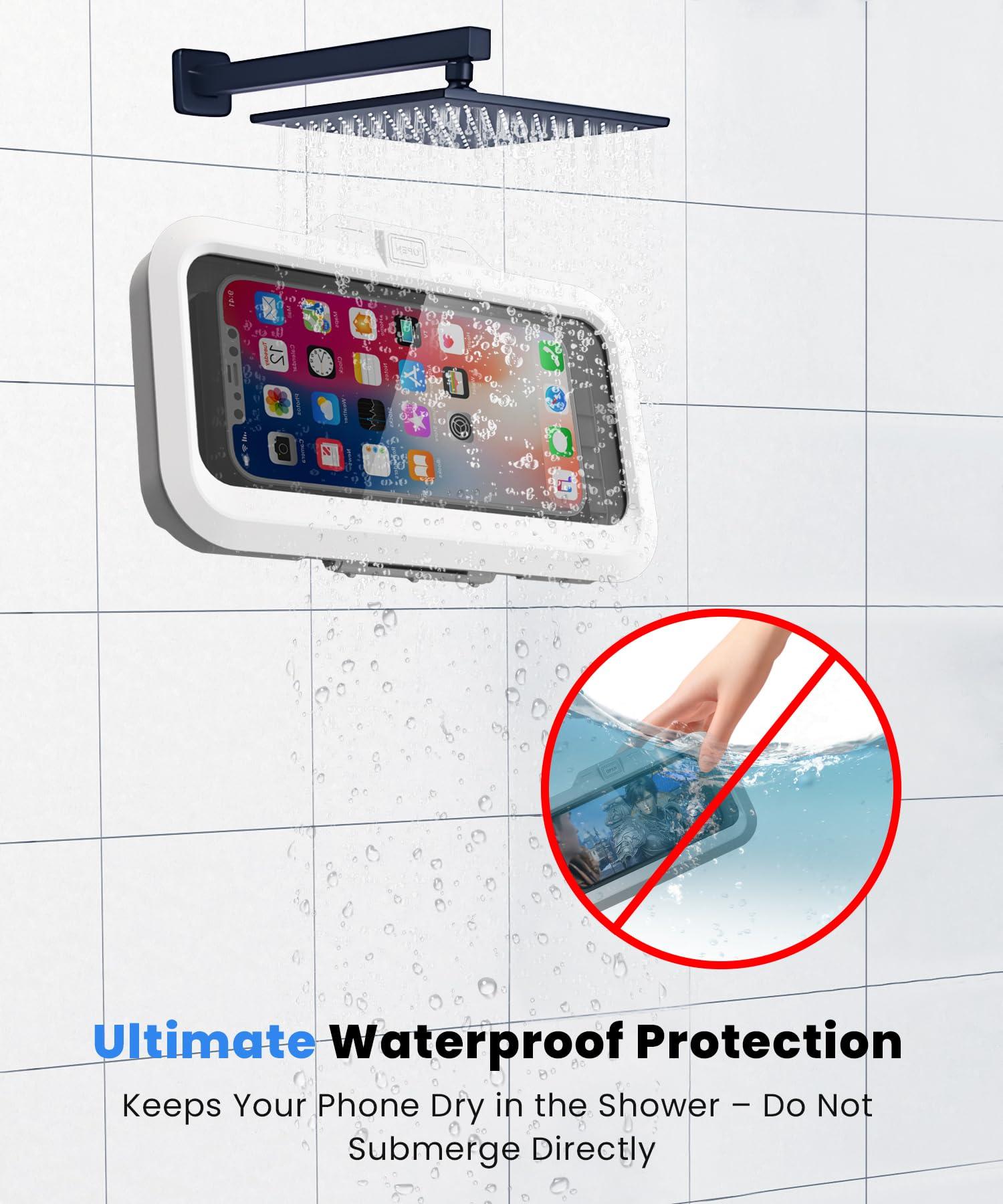 URROY Shower Phone Holder Waterproof One-Touch Open Shower Phone Case Anti-Fog & Sensitive Touchscreen Bathroom Wall Phone Mount Stand Universal Fit for iPhone & Smartphones Gift for Men Women White - Image 2