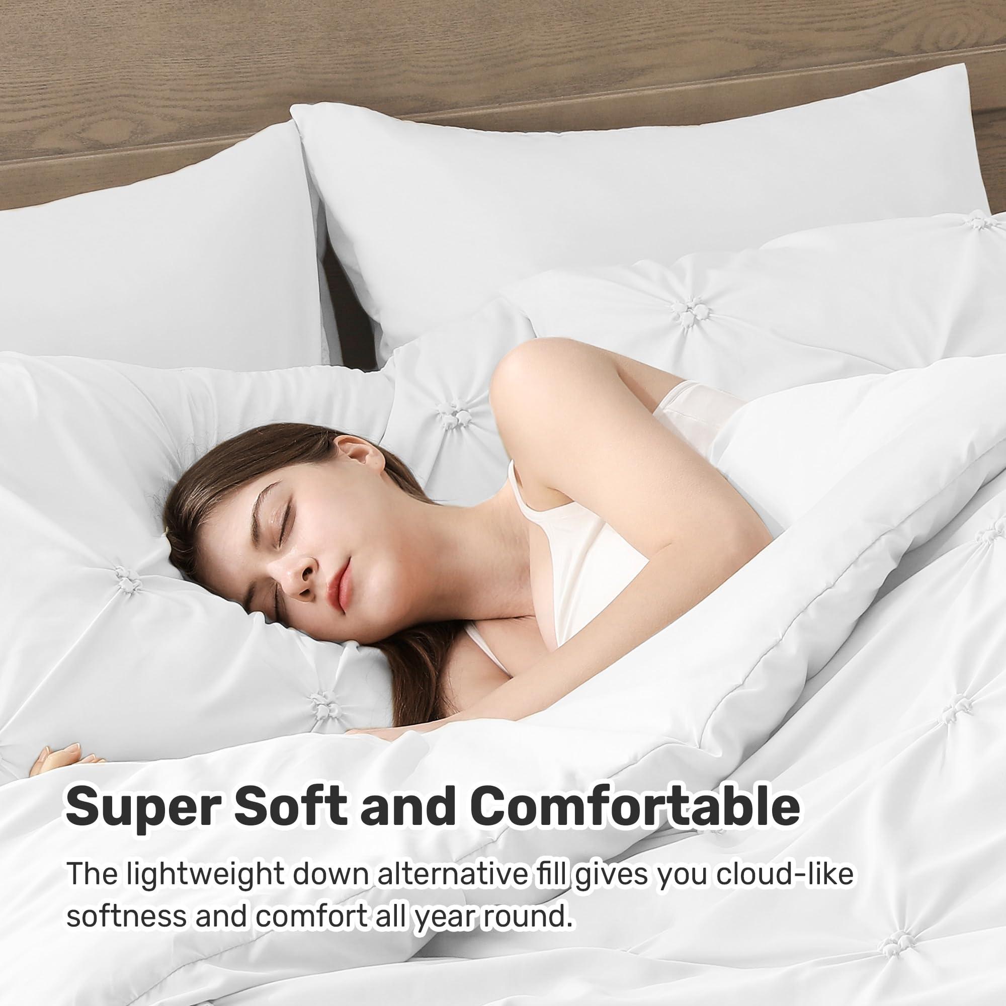 UNIKOME Queen Comforter Set White - Lightweight Soft Pintuck Down Alternative Bedding Set for Summer, All Seasons, 3 Pieces Pinch Pleat Solid Bed Set with Comforter, 2 Pillowcases - Image 3