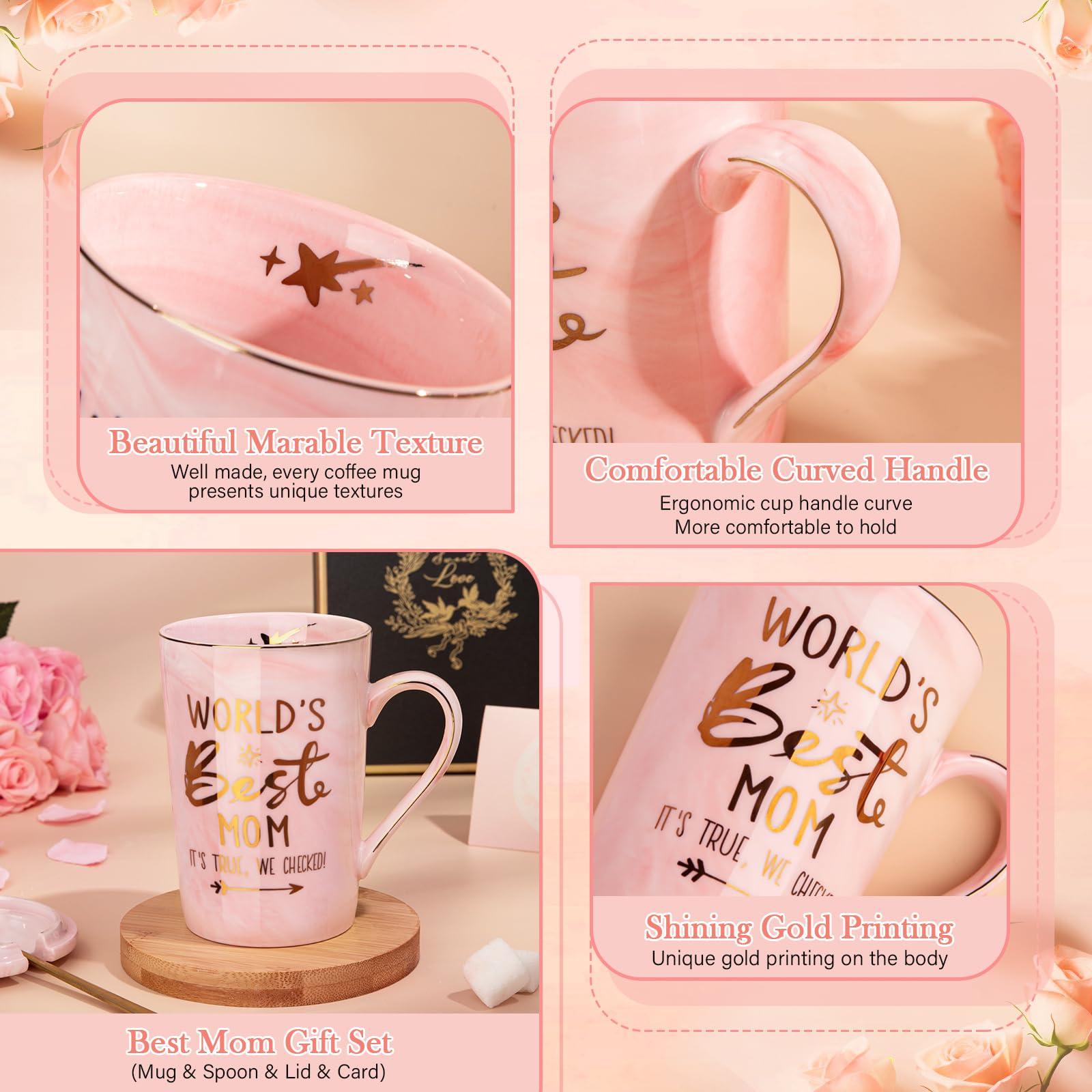 Birthday Gifts for Mom from Daughter Son - 14Oz Funny Best Mom Mug with Gold Print, Unique Pink Marble Coffee Cup with Lid Spoon Greeting Card, New Moms Mothers Day Gift Ideas, Luxury Gift-Boxed Set - Image 4