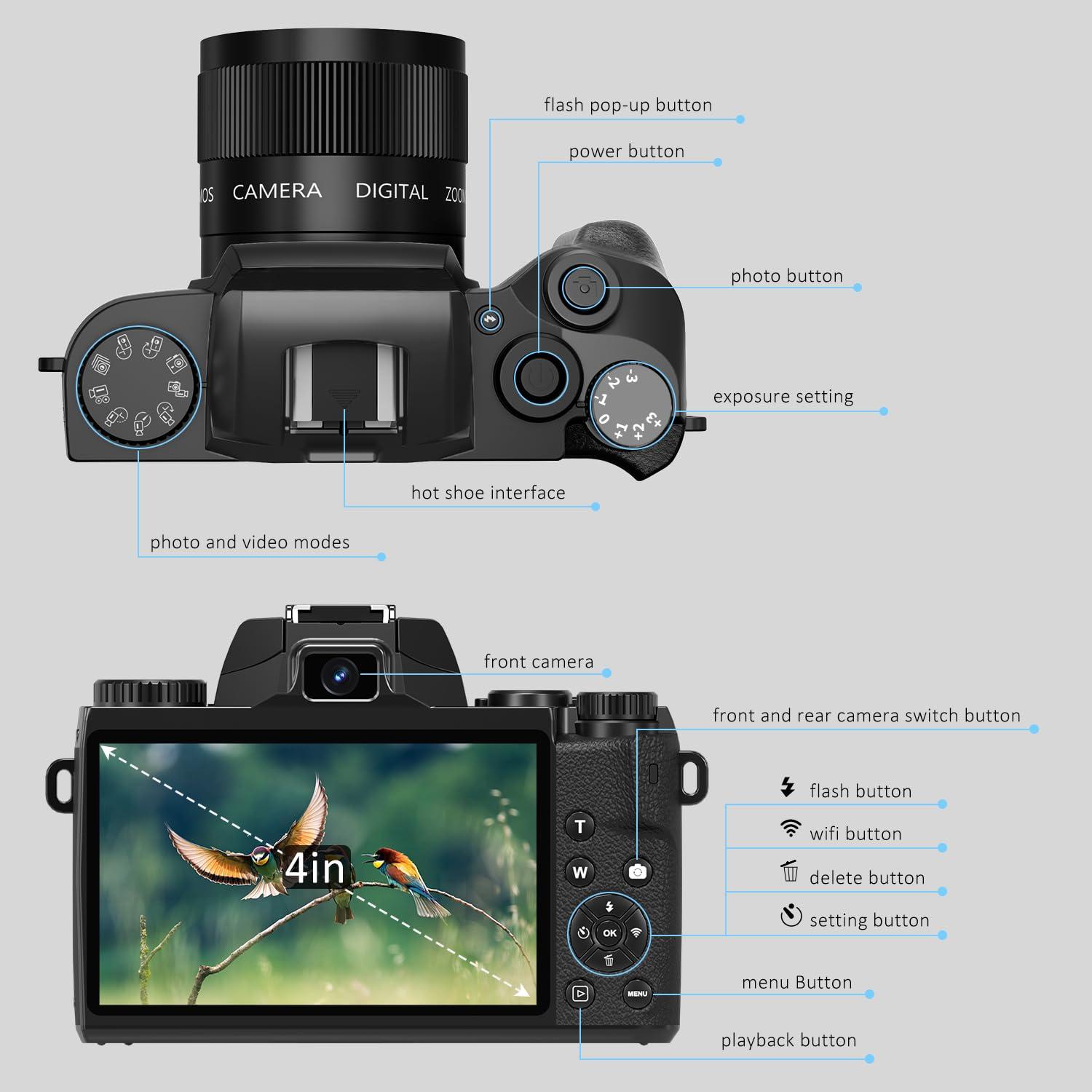 Saneen Digital Camera, 4k Cameras for Photography & Video, 64MP WiFi Touch Screen Vlogging Camera for YouTube with Flash, 32GB Card, Lens Hood, 3000mAH Battery, Front and Rear Cameras - Black - Image 7