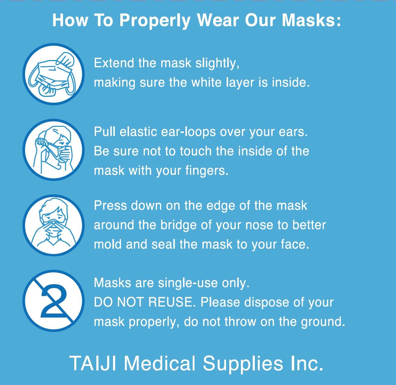 TAIJI Medical Supplies TMS Consumer Series 3-Layer Face Mask, F3502 Tested 96%, Disposable, Single-Use, 50-Count, Made in USA, Breathable, Soft, Hypoallergenic, Premium Meltblown, Latex-free - Image 4