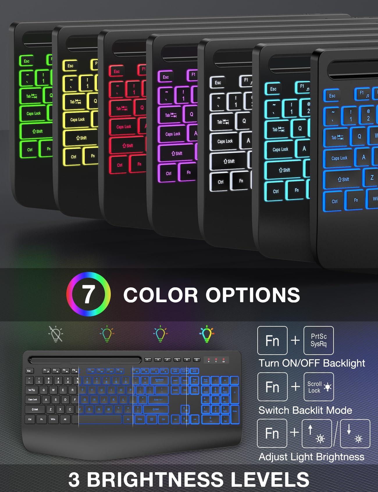 Wireless Keyboard with 8 Colored, 9 Effects Backlits, Wrist Rest, Phone Holder, Rechargeable Ergonomic Computer Keyboard with Silent Keys, 2.4G Lag-Free Cordless Set for PC, Laptop, Windows, MacBook - Image 8