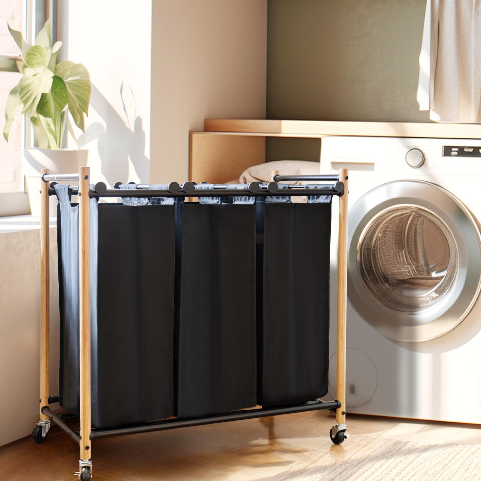 STORAGE MANIAC 3 Section Laundry Sorter, 35.9 Gal (136 L) Laundry Hamper Cart with Heavy Duty Rolling Lockable Wheels and Removable Bags, Clothes Organizer Basket Clothes Separator Hamper, Bamboo - Image 2