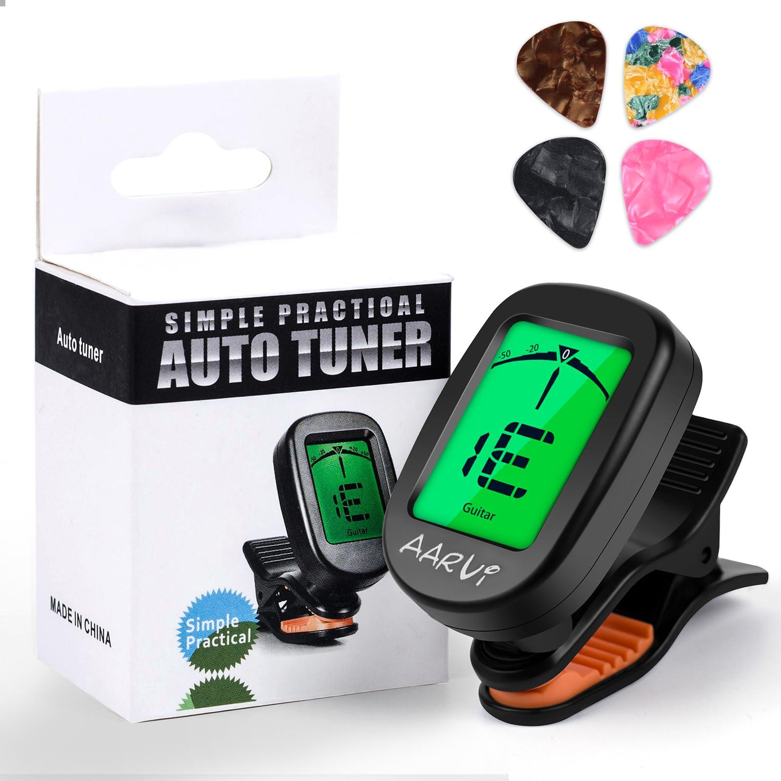 AARVI Clip On Guitar Tuner for All Instruments, Acoustic/Electric Guitar, Ukulele, Bass, Violin, Banjo, Large Clear LCD Display for Guitar Tuning, Chromatic Tuner, 4 Pack Guitar Picks Included