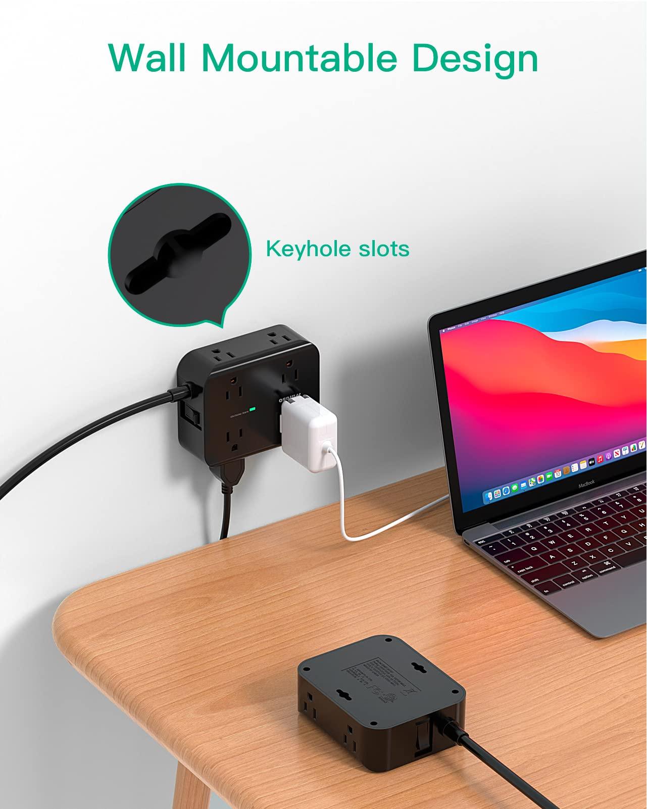 Power Strip Surge Protector - Flat Plug, Wall Mount, 8 Wide Outlets with 4 USB Ports (2 USB C), 5FT Heavy Duty Extension Cord with Multiple Outlets, Charging Station Overload Protection for Home Dorm - Image 5