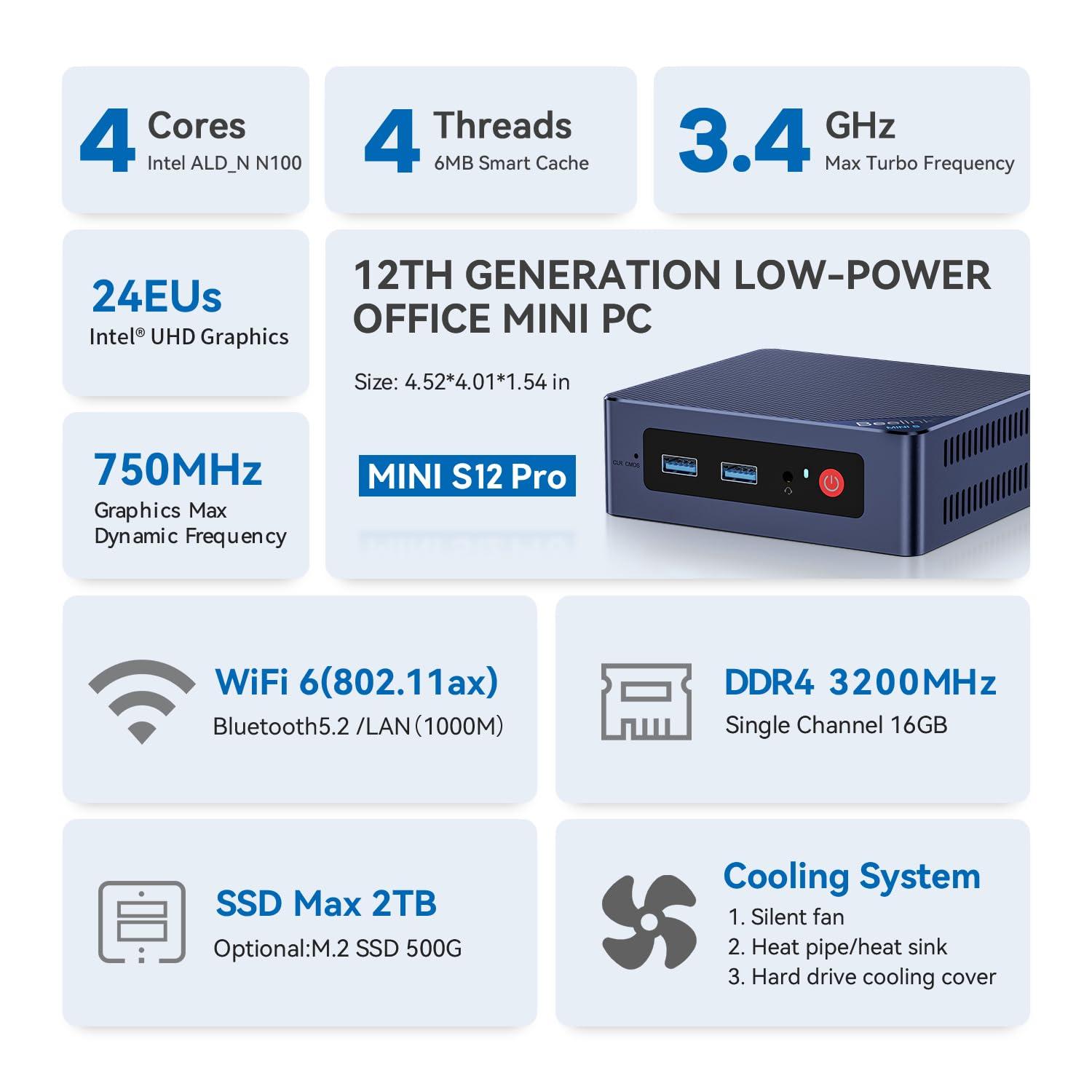 Beelink Mini PC, Mini S12 Pro Intel 12th N100(Up to 3.4GHz), 16GB DDR4 500GB M.2 SSD, Desktop Computers Support 4K Dual HDMI Display/WiFi6/BT5.2/USB3.2/1000Mbps LAN/WOL Home/Office - Image 2