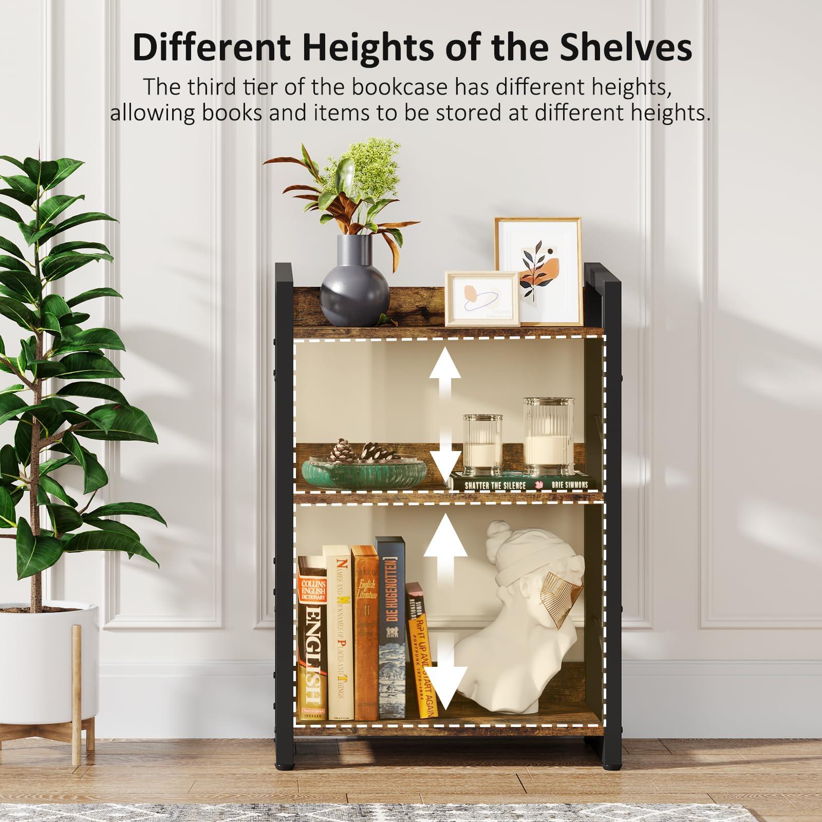 Hosfais Book Shelf Small Bookshelf: 3-Tier Wood Bookcase Industrial Bookshelf with Edge Protection Metal Narrow Bookcase Storage Organizer Display Rack for Bedroom Home Office (Rustic Brown) - Image 5