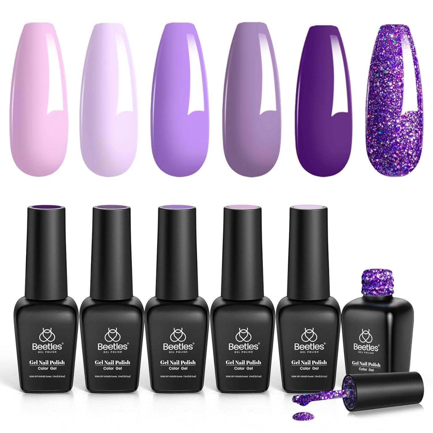 Beetles Purple Gel Nail Polish Set, 6 Colors Pastel Purple Gel Polish Glitter Pink lavender Nail Polish Soak Off U v LED Gel Nail Kit Diy Nail Art Manicure at Home Gifts for Women