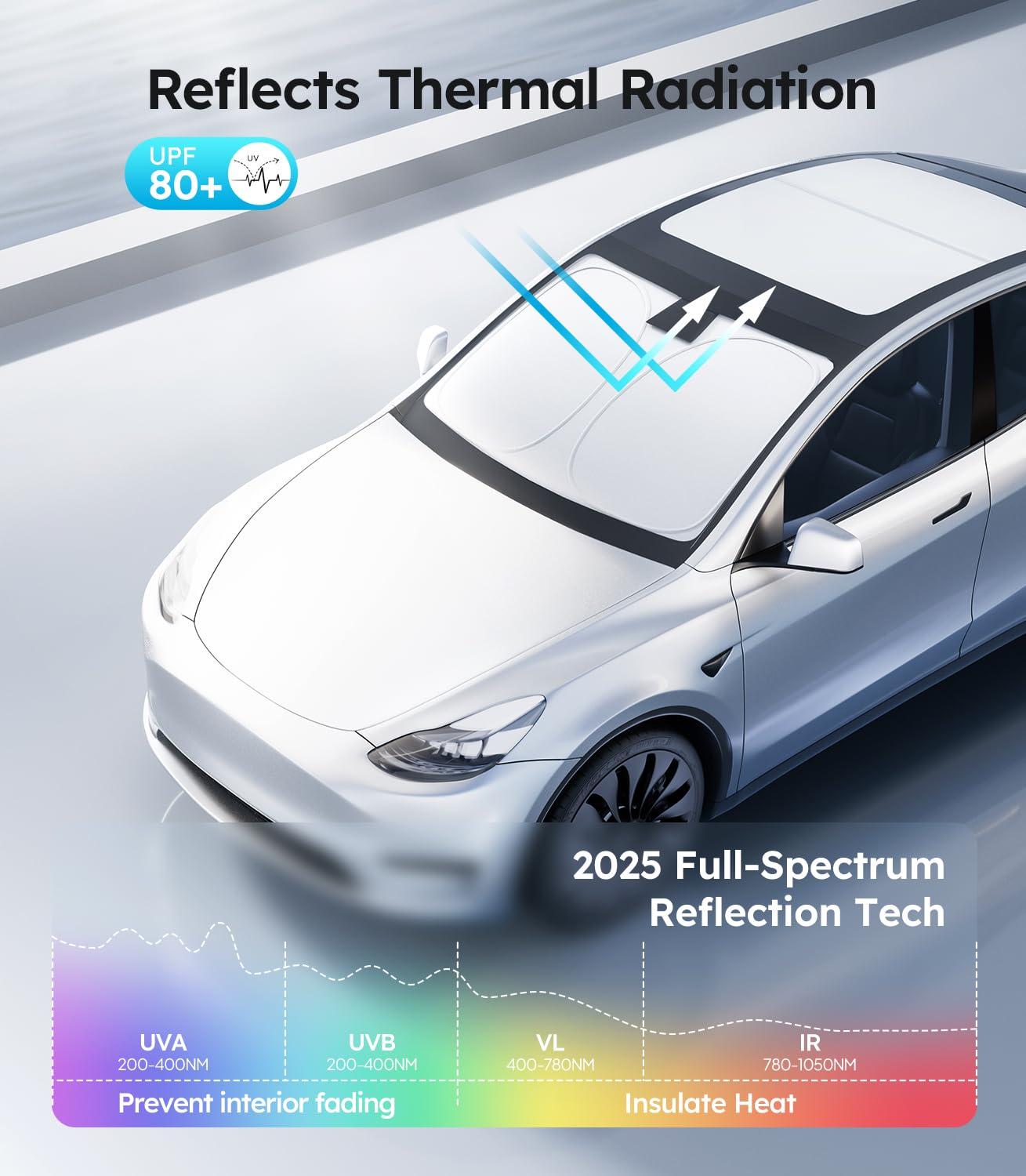 Wigoo 2025 Tesla New Model Y Accessories Windshield Sunshade [OEM Design, 100% Sun Blockage] Foldable Heat Insulation Sunshade with Storage Bag, for Model Y 2016~2026 (Juniper), Silver Coating - Image 3