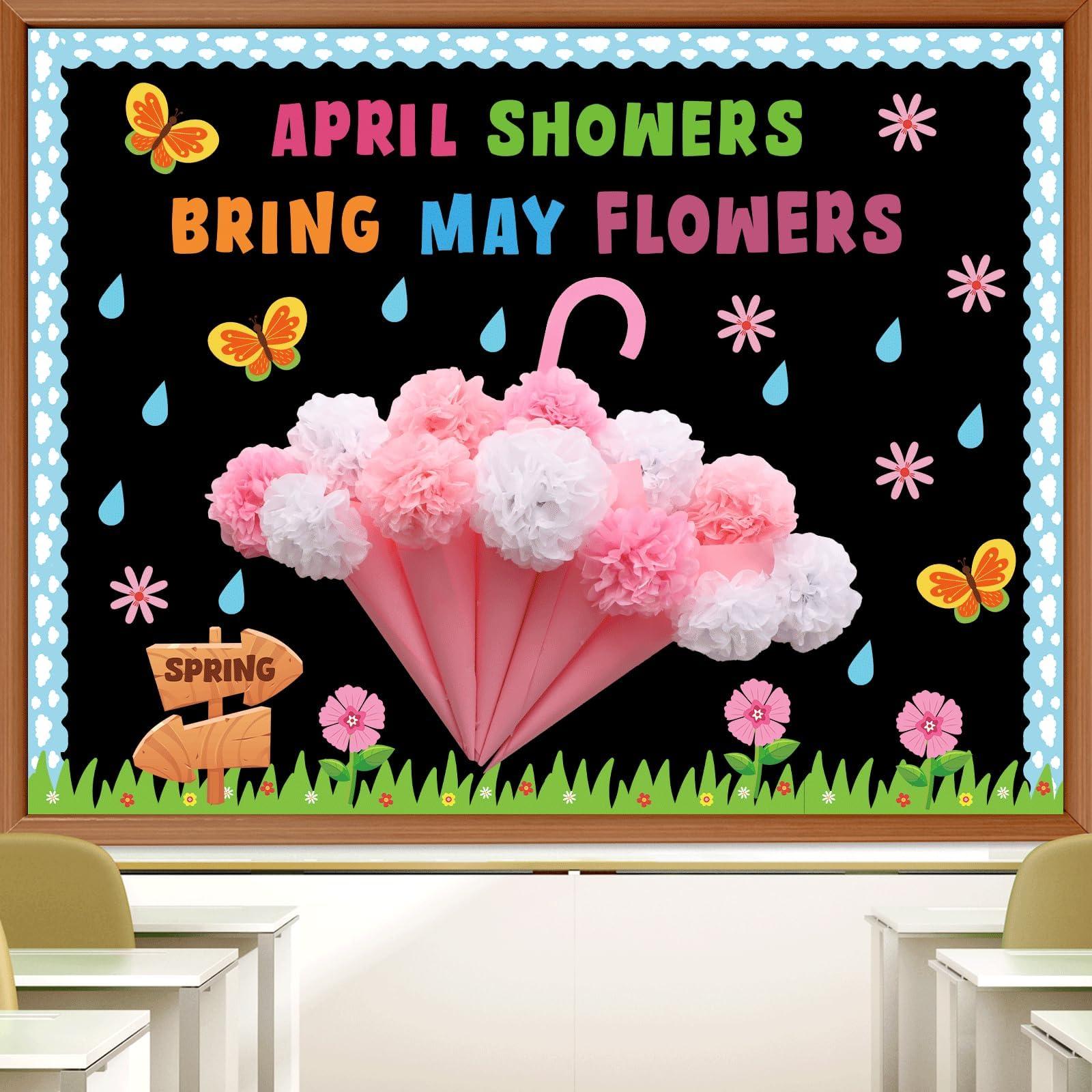 Naozinebi April Showers Bring May Flowers Bulletin Board with 3D Tissue Paper Pompoms Summer Floral Classroom Decoration Umbrella Clouds Flower Cutouts for Window Home Class School Nursery Supplies - Image 1