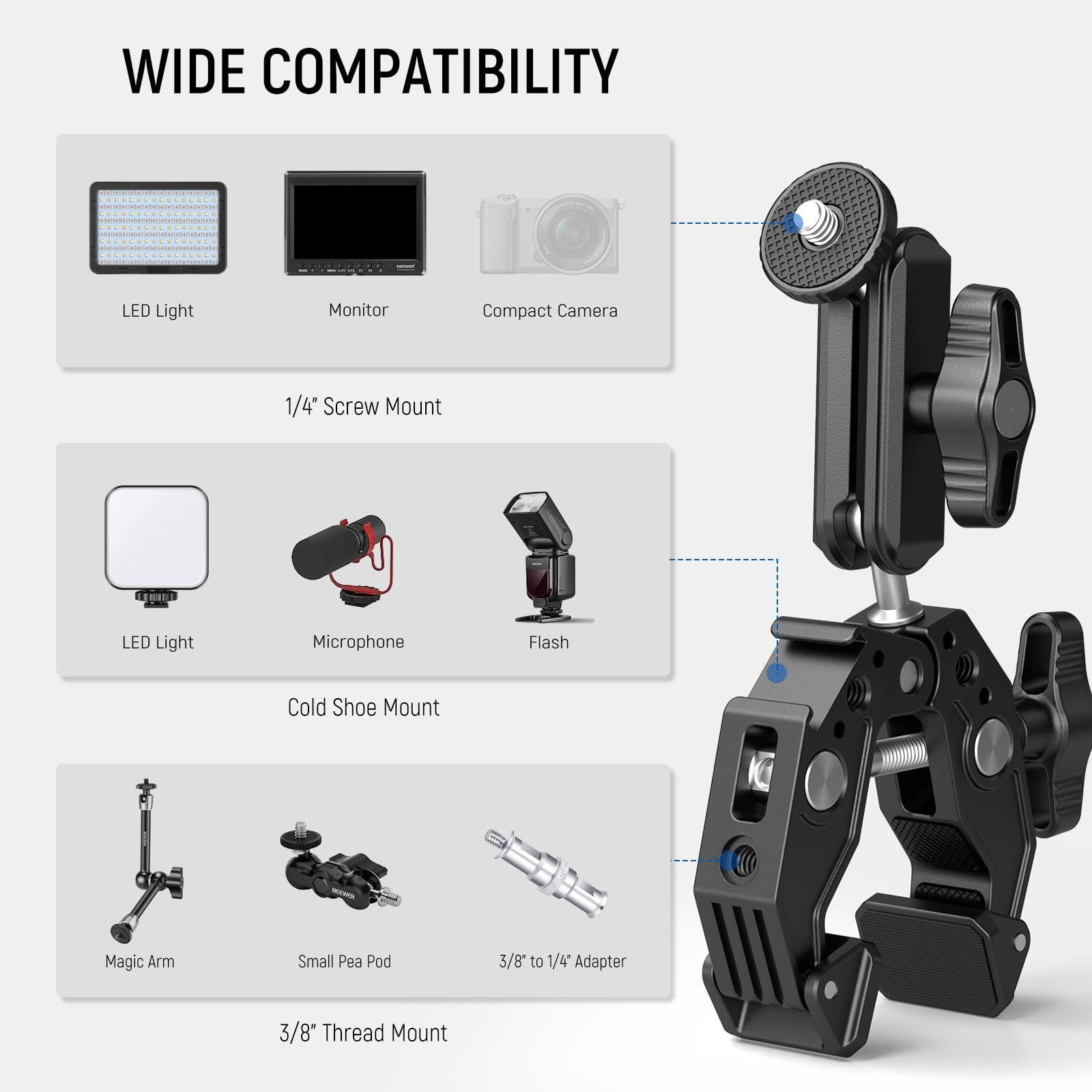 NEEWER Super Clamp with 3" Dual Ballhead Magic Arm, Cold Shoe, 1/4" Threads, Phone/Action Camera Mount Adapter for Desk Tripod Tube Crossbar Gimbal Rods Compatible with SmallRig GoPro DJI, ST83 - Image 6