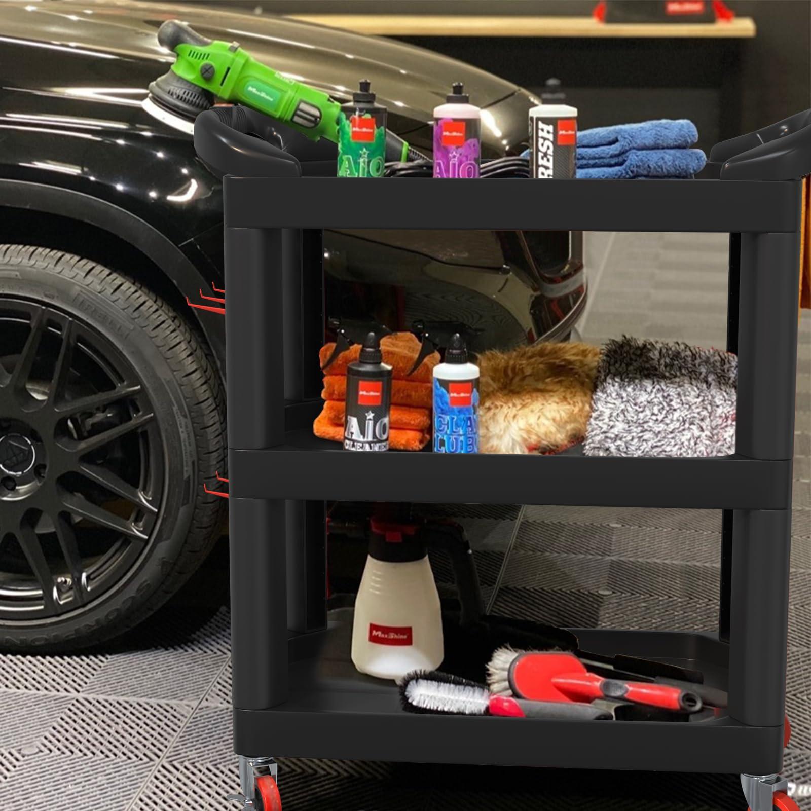 Wanmwill 3 Tier Car Detailing Cart, Auto Detail Cart with Wheels, Car Wash Detail Trolley with Side Hanging Plate & Hooks, Detailing Tool Organizer Cart for Mechanics & Detailers（Black） - Image 7