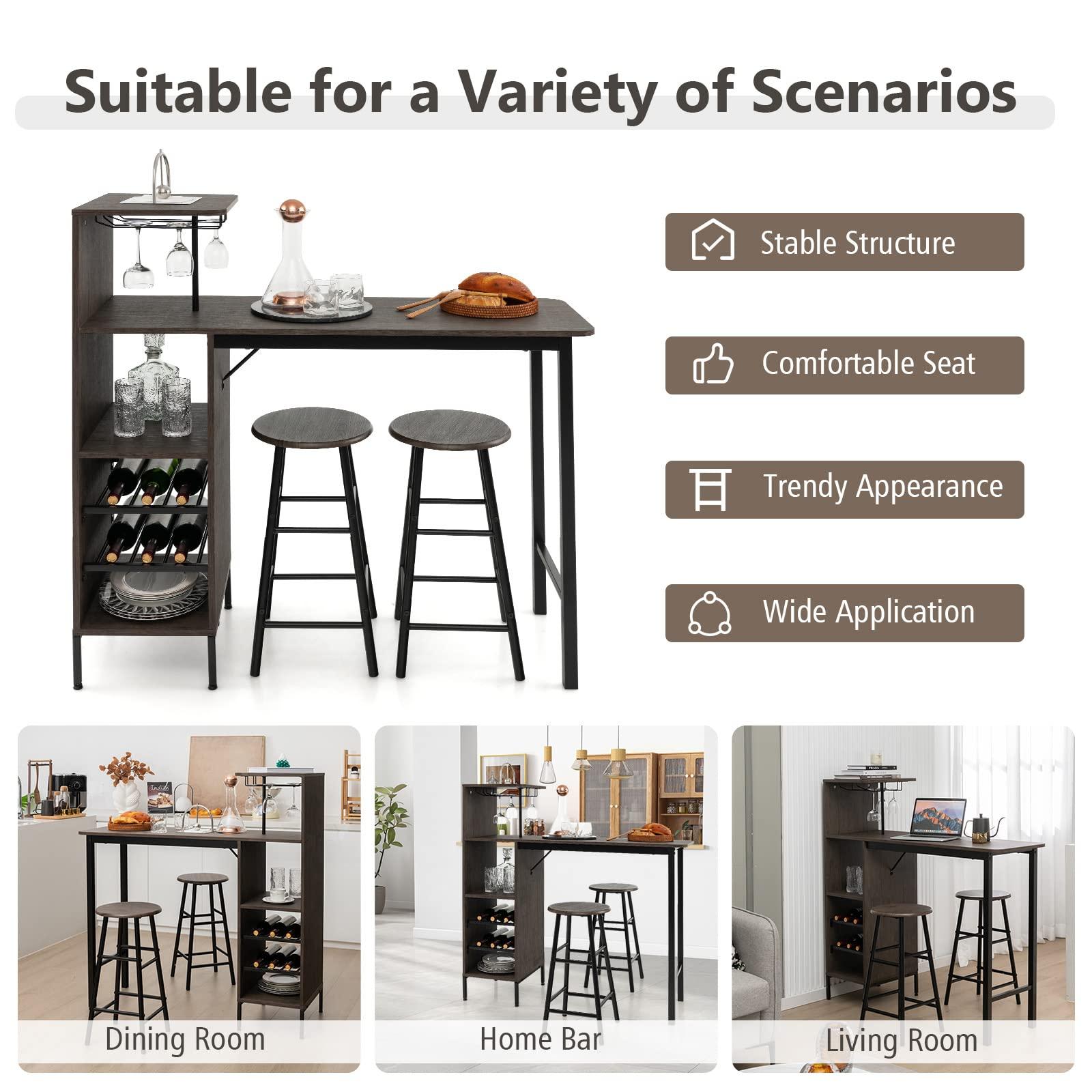 GOFLAME Bar Table and Chairs Set for 2, Counter Height Dining Table Set with Shelves, Cup Holder & Wine Rack, Breakfast Table & Chair Set, 3-Piece Pub Table Set for Kitchen, Dining Room - Image 7