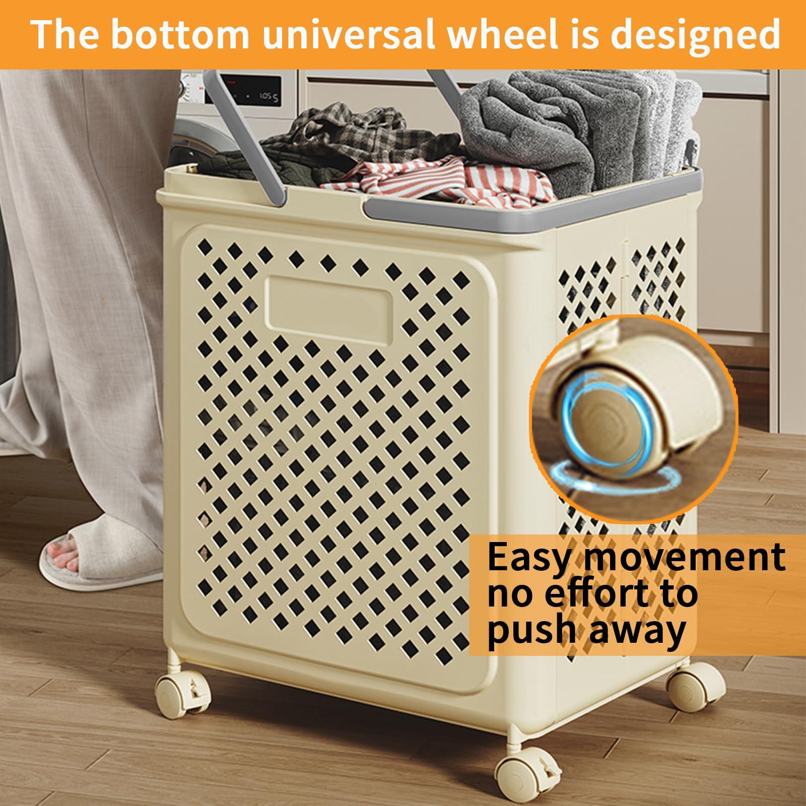 Desricy 50L small foldable storage basket with wheels and handles, yoga mat storage basket, mesh rolling laundry basket, plastic small rolling gift basket are the best choice to save space - Image 6