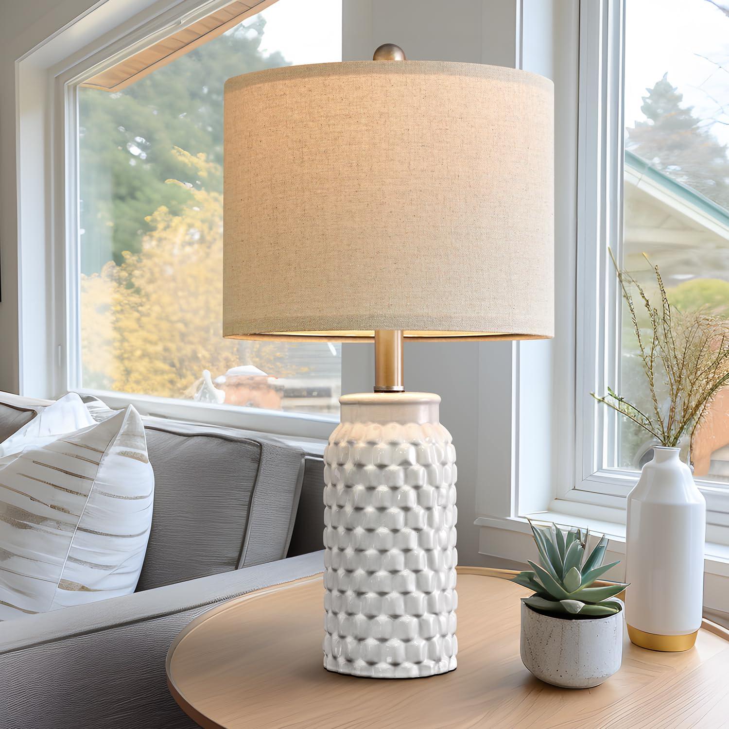 USumkky 20.5" White Modern Ceramic Bedside Lamp Set of 2 for Bedroom Decor Farmhouse Table Lamp for Living Room Office Dorm - Image 2