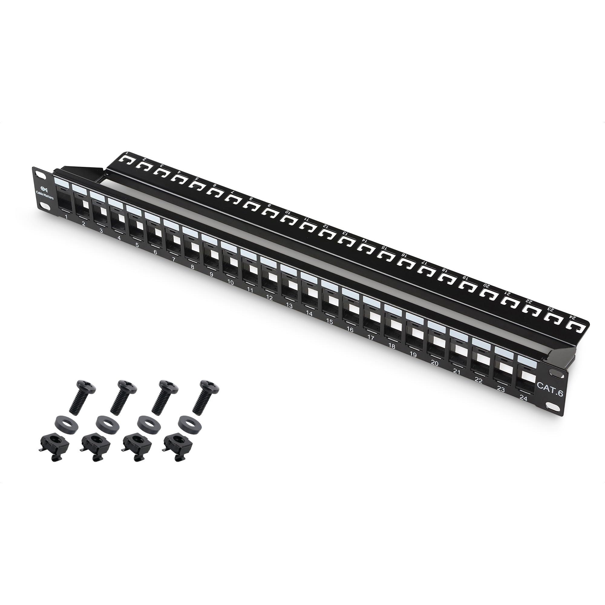 Cable Matters Rackmount or Wall Mount 1U 24 Port Keystone Patch Panel with Cable Management and Support Bar, 19-inch Blank Patch Panel for Keystone Jacks