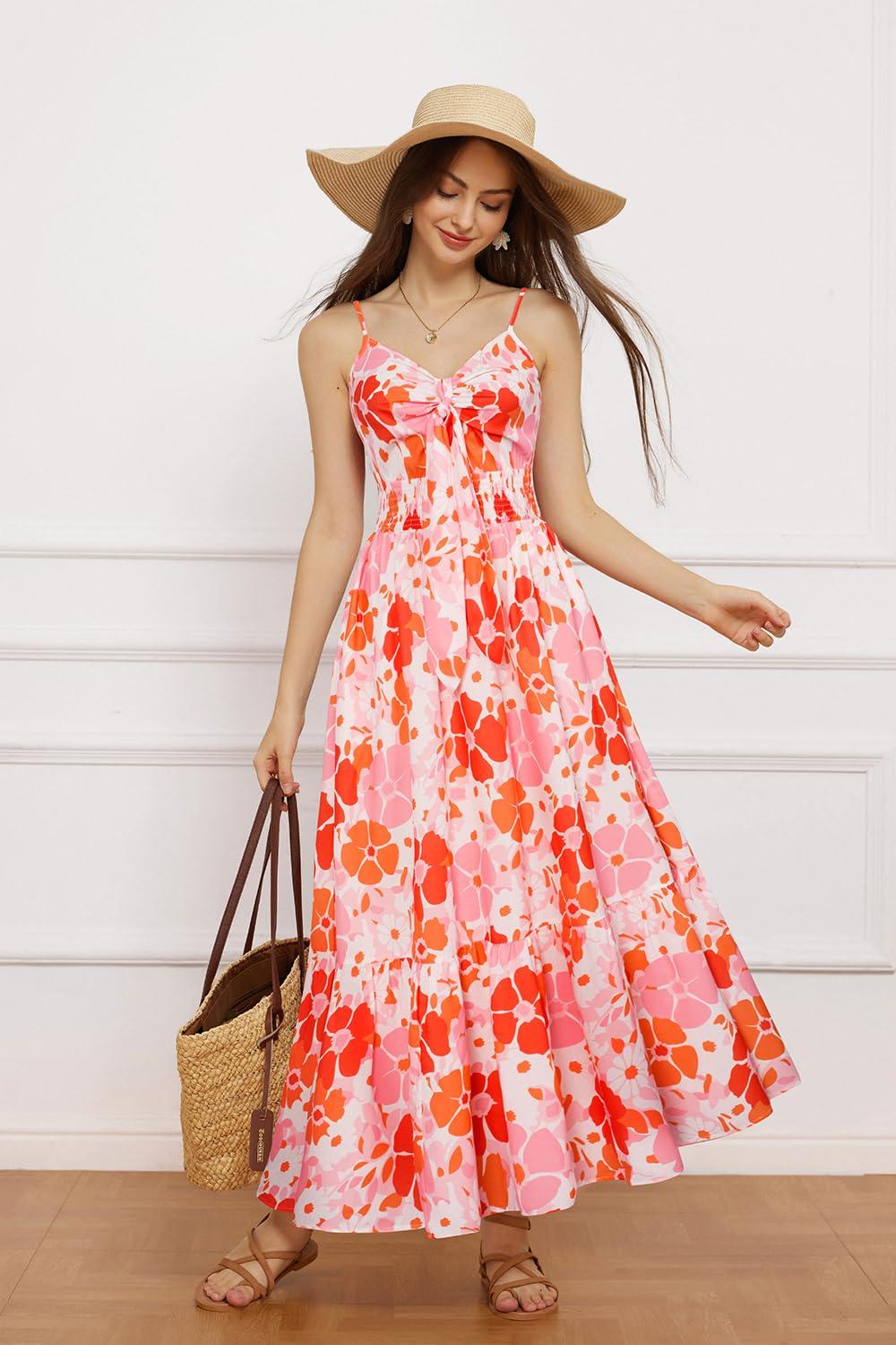 GRACE KARIN Women's 2025 Summer Maxi Dress Floral Tie Front Spaghetti Strap Casual Boho Beach Flowy Sundress with Pockets - Image 5
