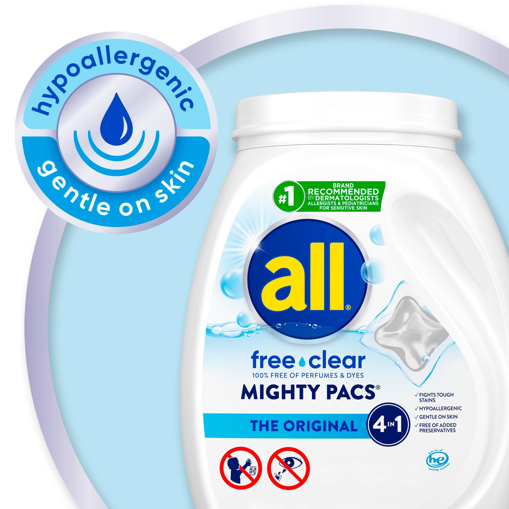 All Mighty Pacs Laundry Detergent, Free Clear for Sensitive Skin, Tub, 60 Count - Image 4