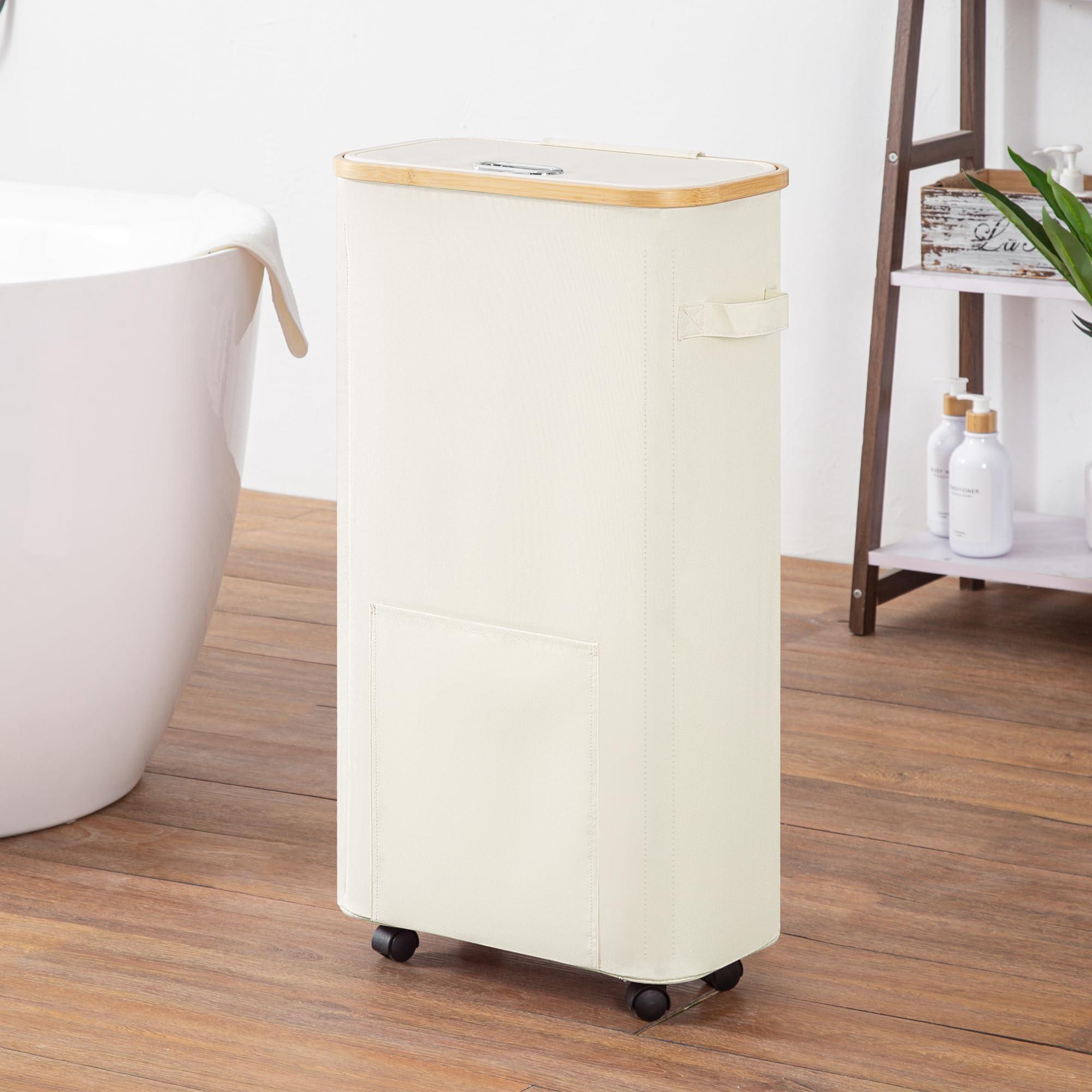 Vincona Slim Laundry Basket with Wheels, Tall Dirty Clothes Hamper on Wheels, Narrow Rolling Laundry Hamper with lid for Dorm, Bedroom and Bathroom, 65L Beige - Image 6