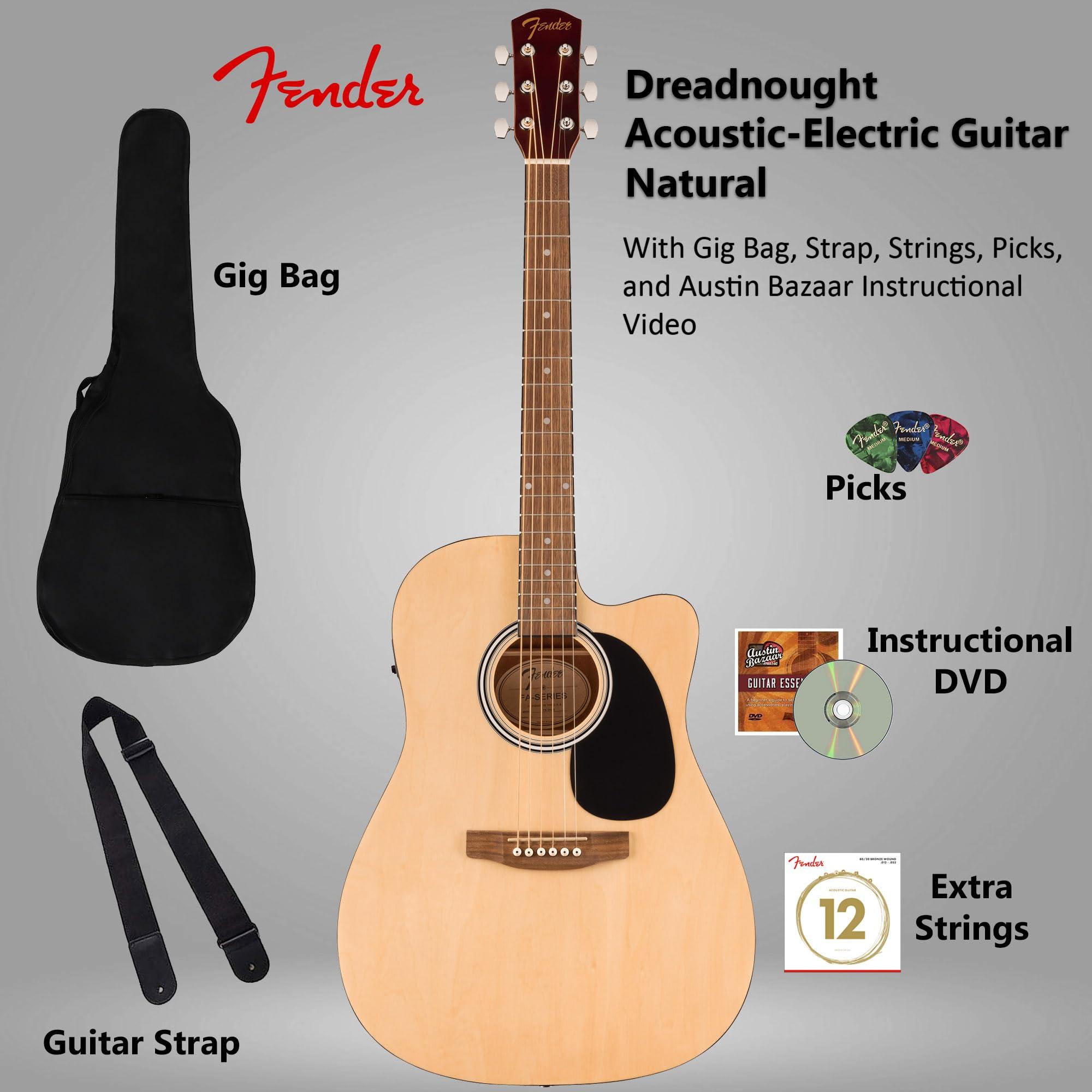 Fender Dreadnought Acoustic-Electric Guitar - Natural Bundle with Gig Bag, Strap, Strings, Picks, and Austin Bazaar Instructional Video - Image 2
