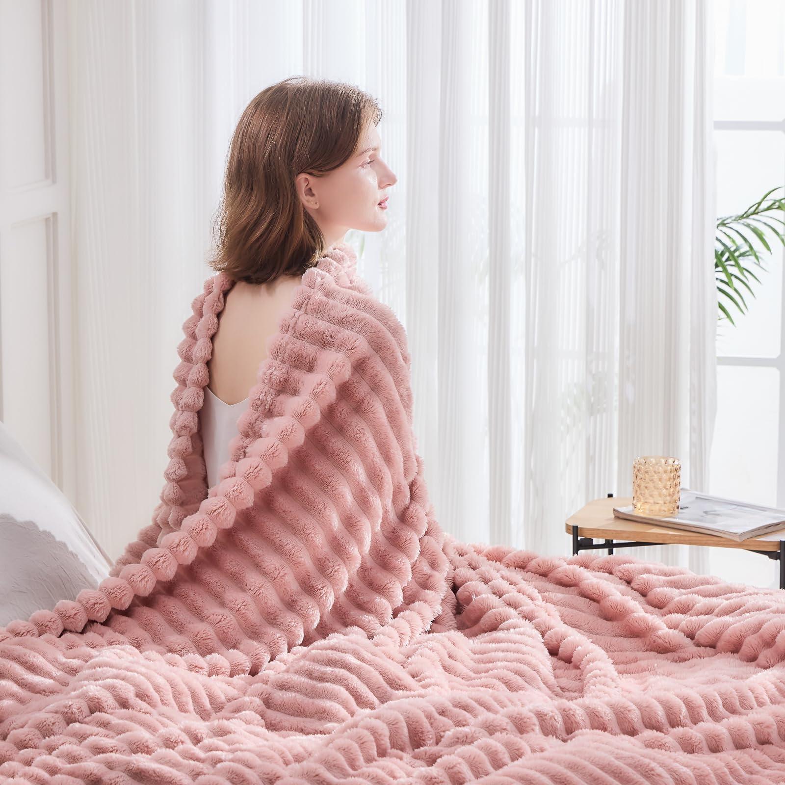 NEWCOSPLAY Super Soft Throw Blanket Pink Premium Silky Flannel Fleece 3D Ribbed Jacquard Lightweight Bed Blanket All Season Use (Pink Ribbed, Throw(50"x60")) - Image 5