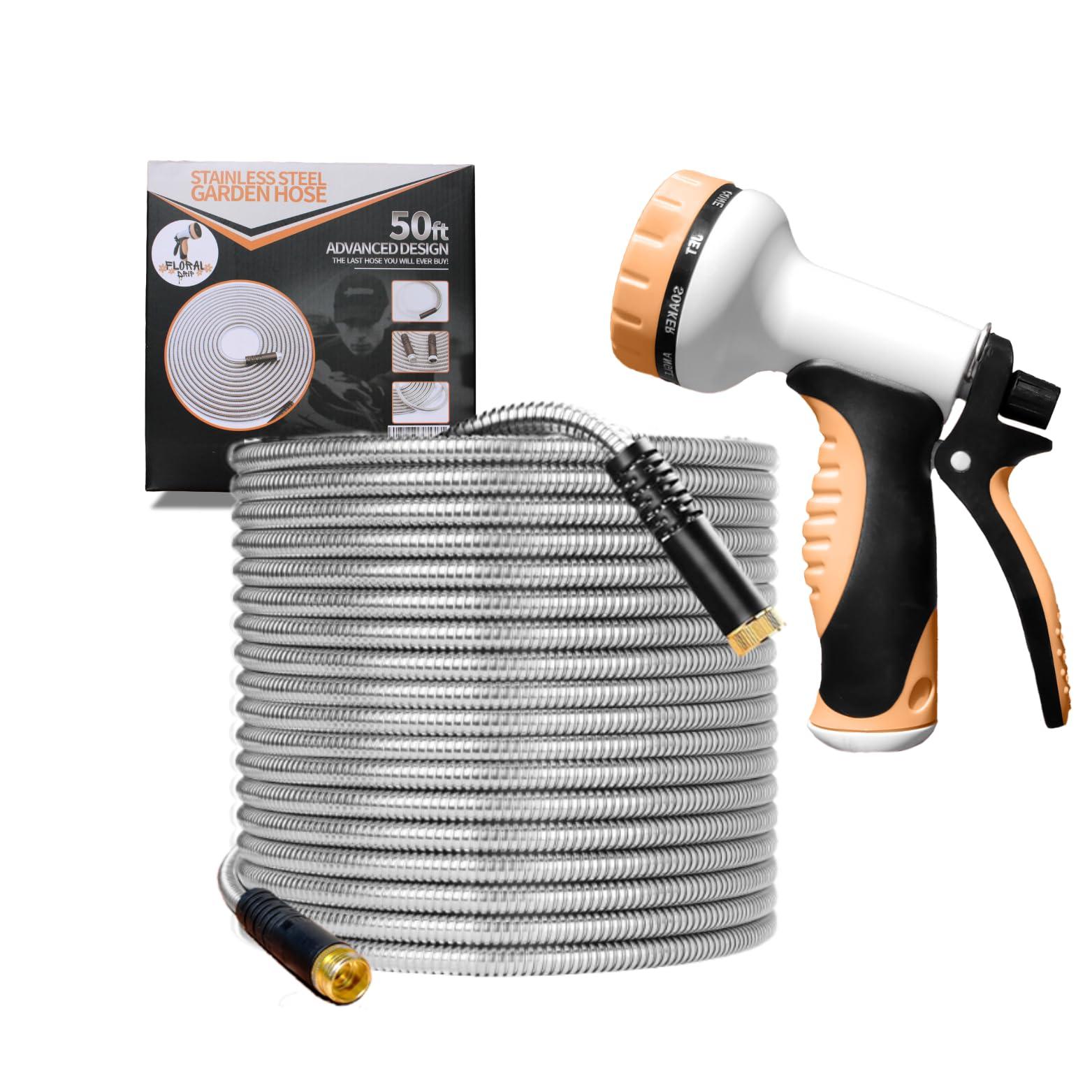 Floral Drip Garden Hose 75 FT, Metal Stainless Steel Water Hose with 10 Function Nozzles, No Kinks, Flexible Hose, Lightweight, Puncture Proof, Heavy Duty Hose for Yard and Outdoor
