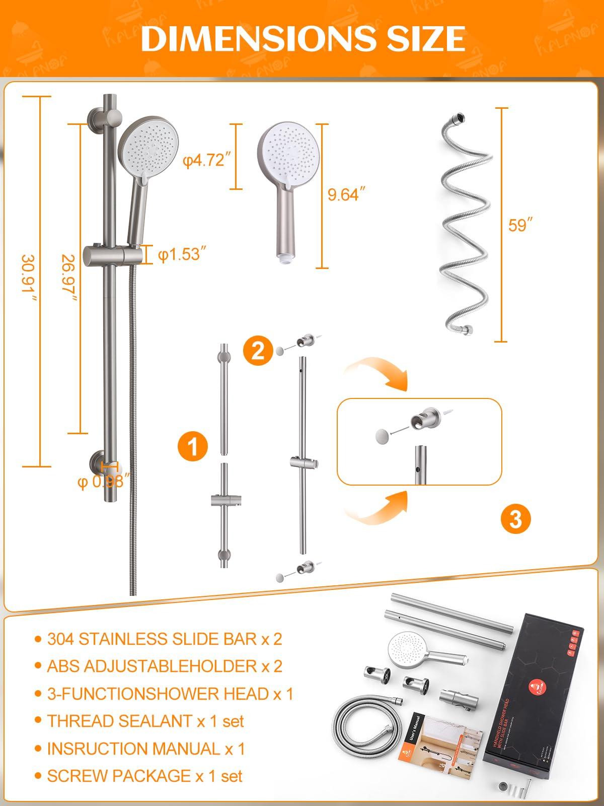 RALANDA Handheld Shower Head with Slide Bar, 2.5GPM High Pressure 3-Function Adjustable Handheld Shower Head with 59-Inch Hose and Adjustable Holder (Nickel) - Image 2