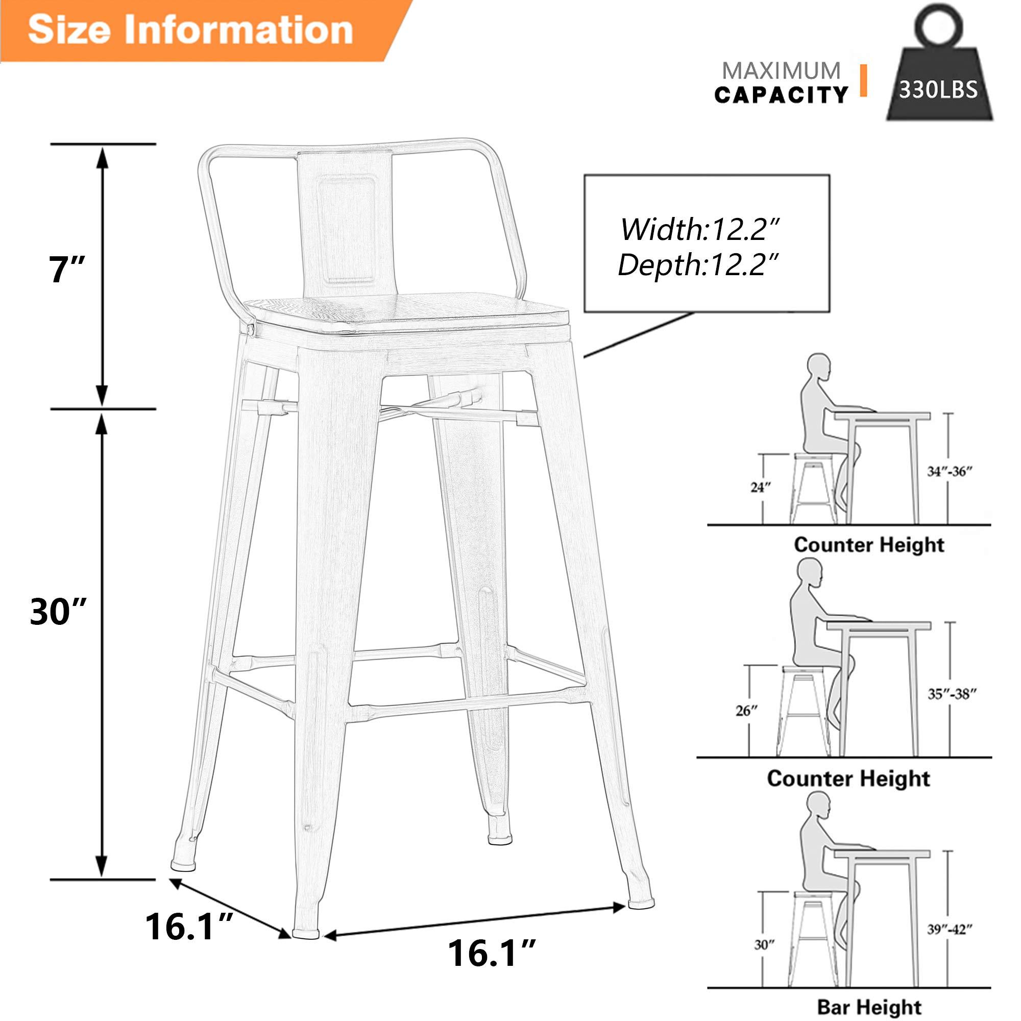 Yongchuang 30 inch Bar Stools Set of 4 Bar Height Metal Barstools with Wood Seat Low Back Kitchen Bar Chairs Matte Black - Image 3