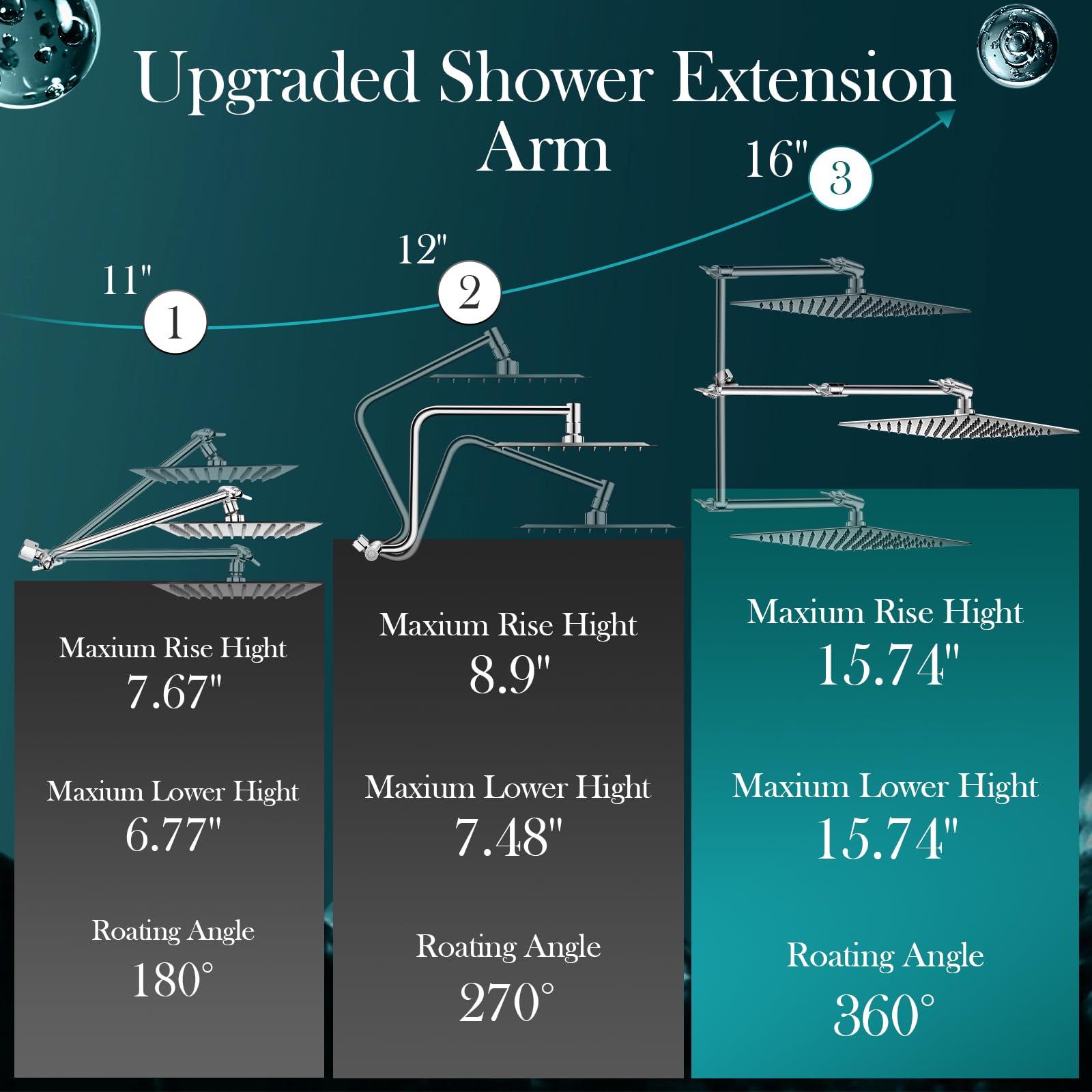 12'' Rain Shower Head Combo, High Pressure Rainfall Shower Head with 16'' Flexible Adjustment of Height/Angle Upgraded Extension Arm and 5 Setting Spray Handheld Shower Head, Anti-leak (Chrome) - Image 2